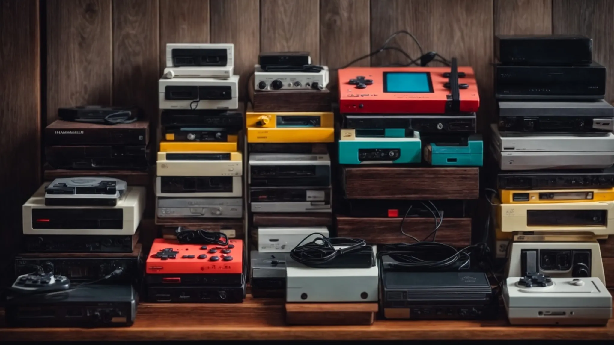 a colorful collection of classic and modern retro game consoles arranged neatly on a wooden shelf.