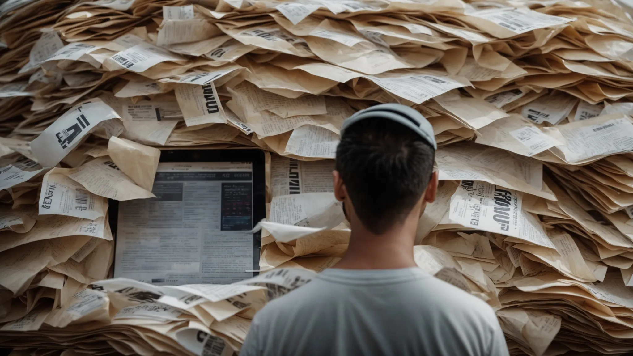 a person perplexedly scrutinizing a heap of crumpled papers labeled 