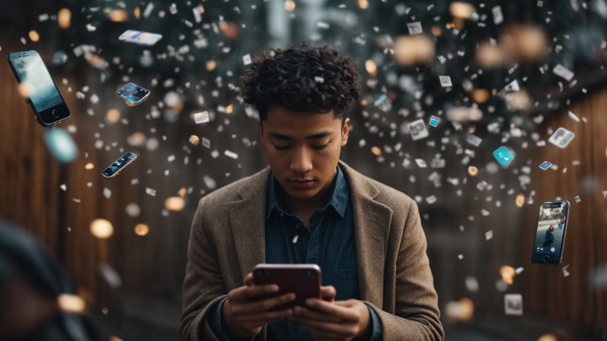 a person looks perplexed staring at their iphone screen, surrounded by various messaging and call icons floating in the air.