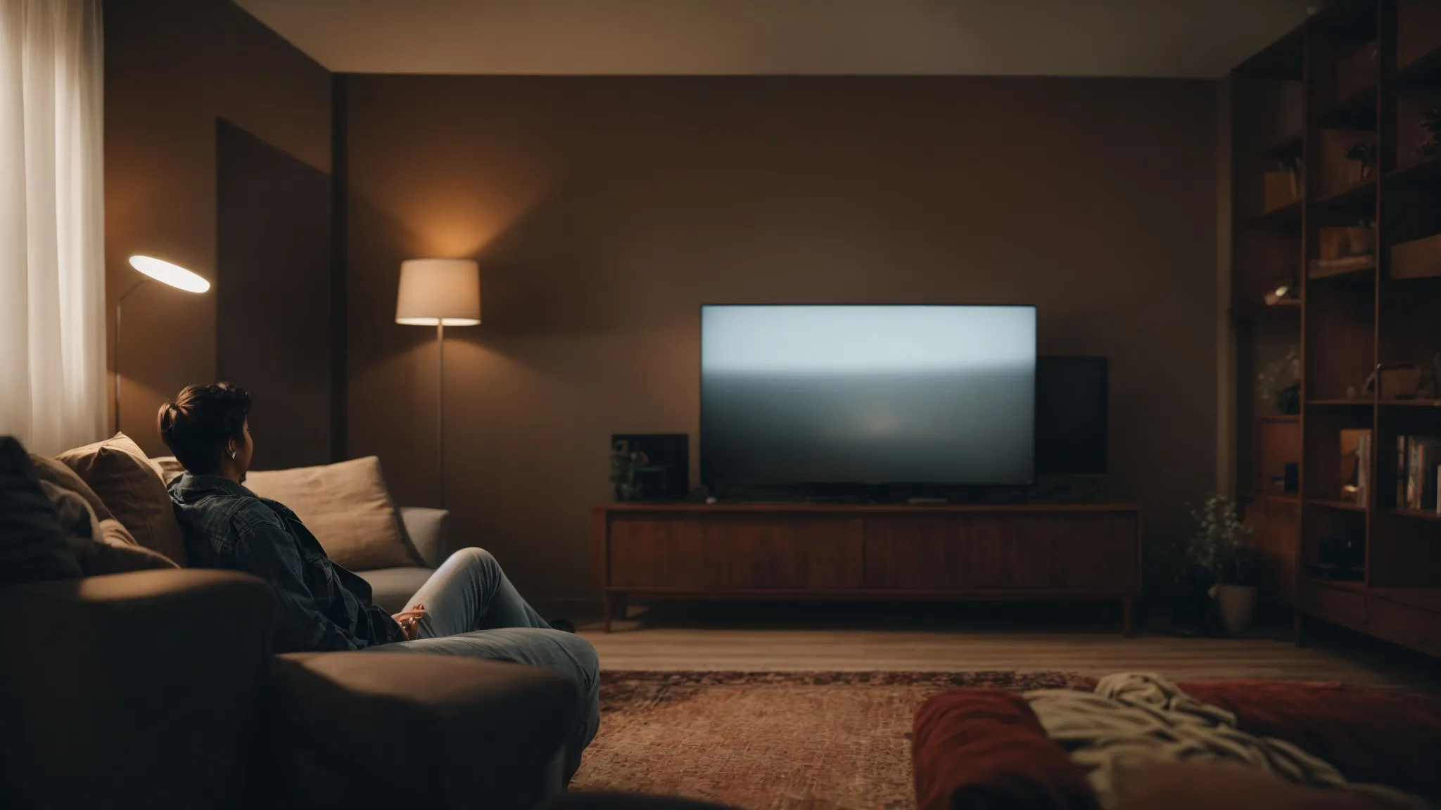 a person smiling, sitting comfortably in a living room, watching a tv screen with a remote in hand.