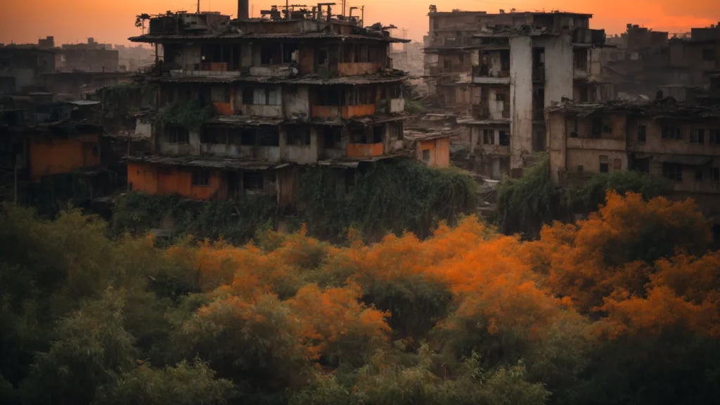 a bustling post-apocalyptic cityscape with overgrown buildings under a vividly orange, dusk sky.