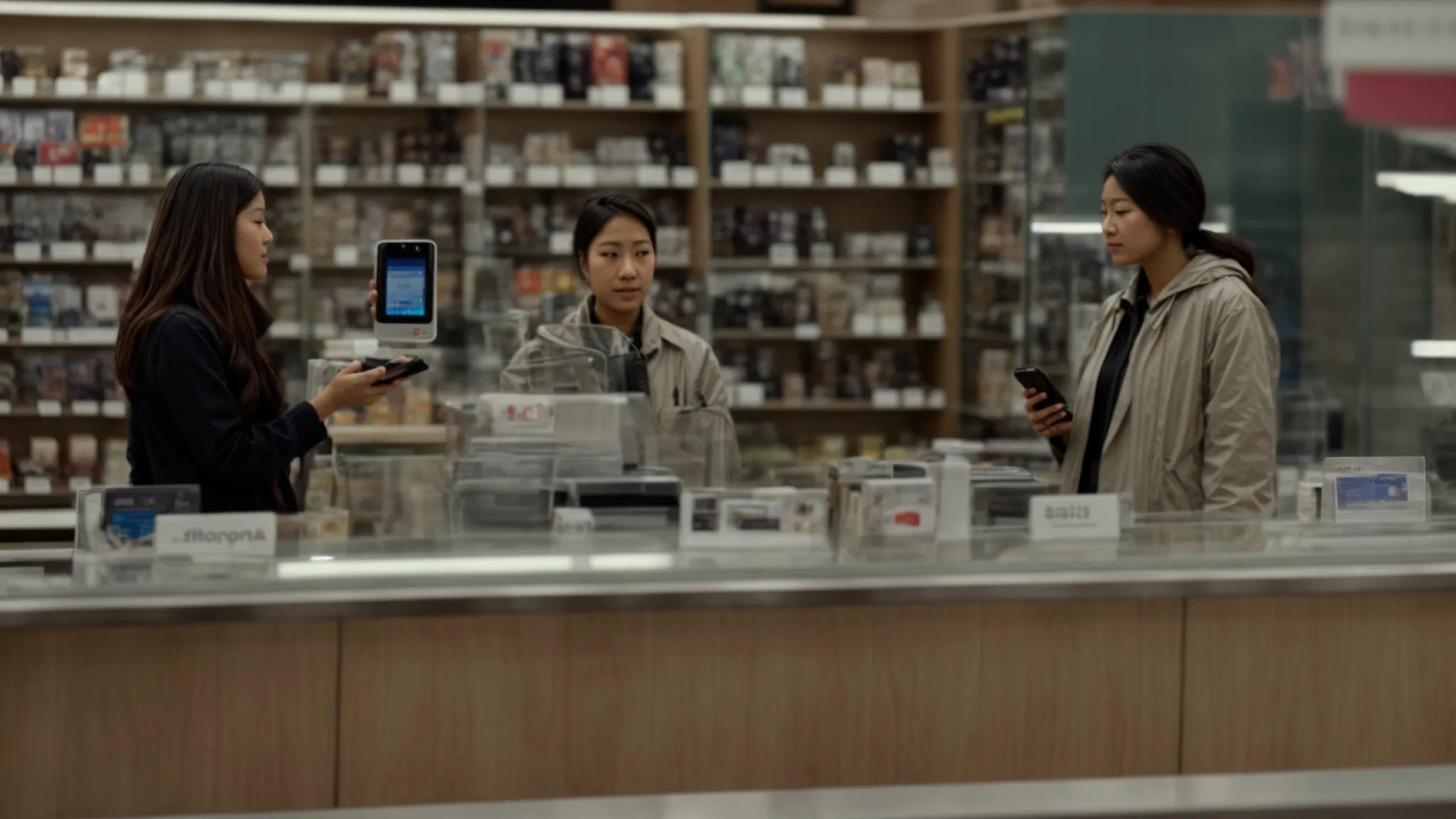 a shopper talks to a store employee across a counter filled with various cell phone models.