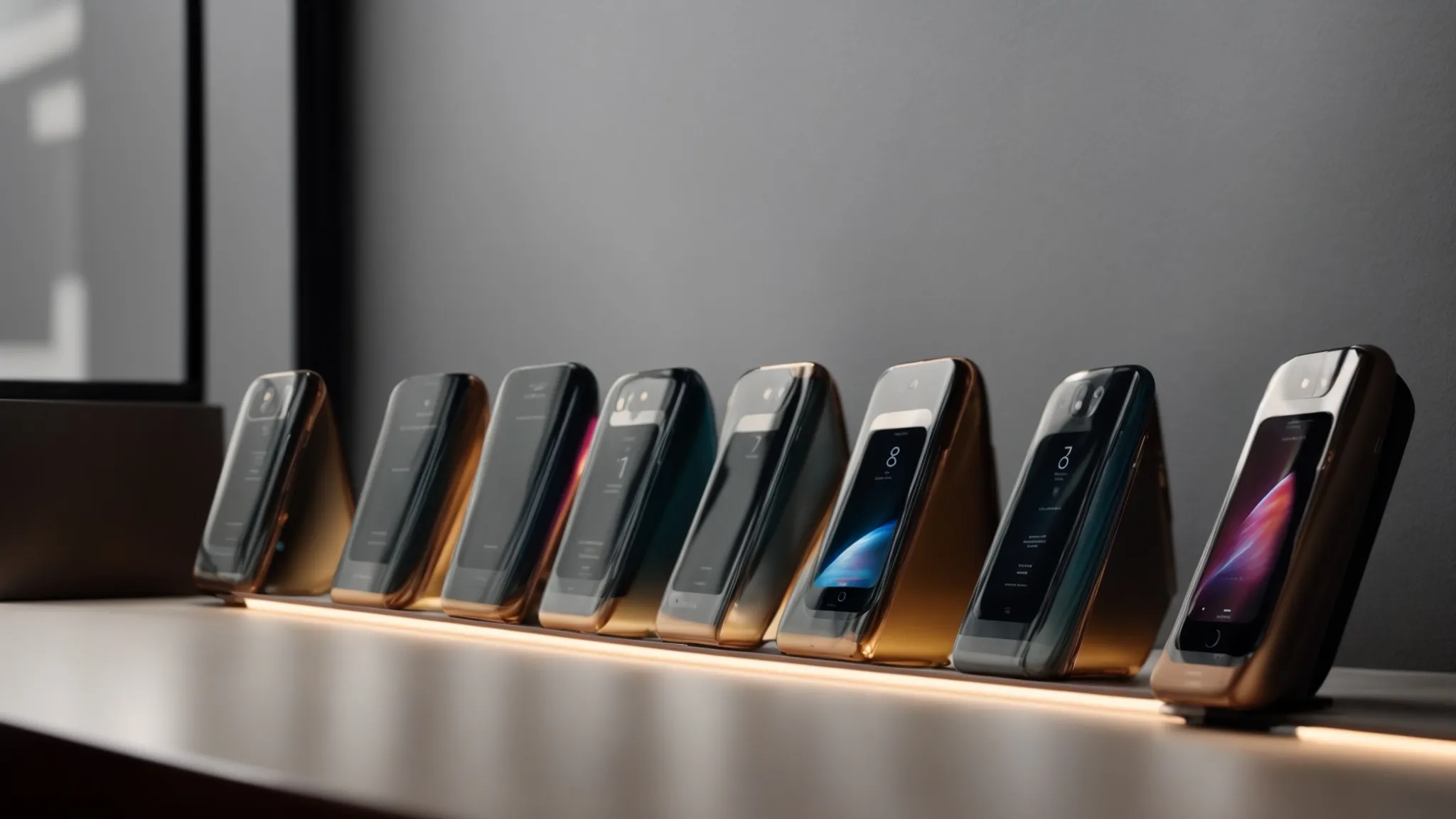 a lineup of sleek vortex smartphones resting on a minimalist showcase, gleaming under soft lighting.