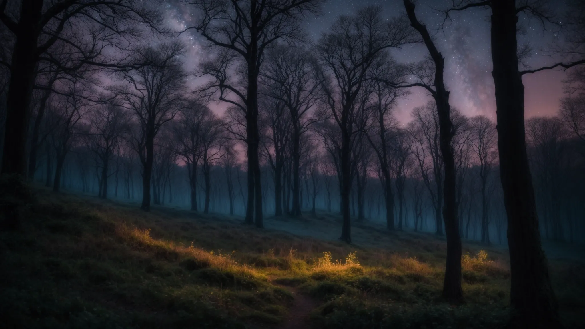 a mystical forest bathed in twilight, with a distant castle silhouetted against a starry sky.