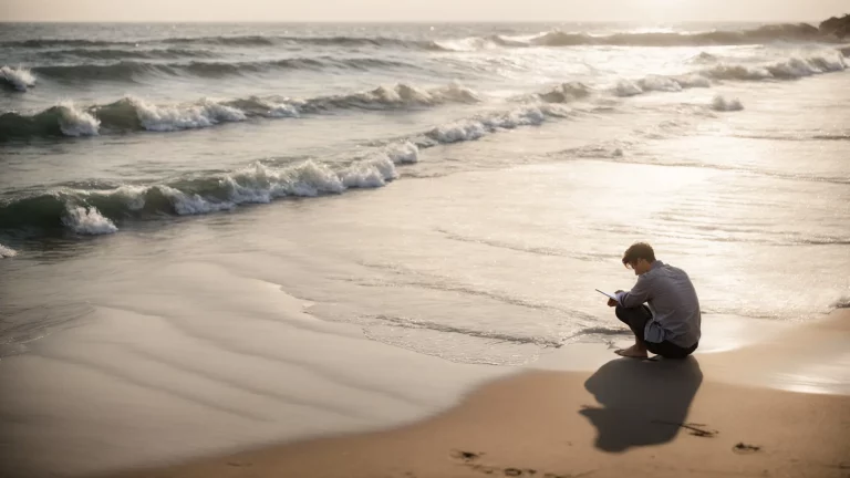 a person sits on a sunny beach, puzzling over a crossword while the waves gently lap at the shore.