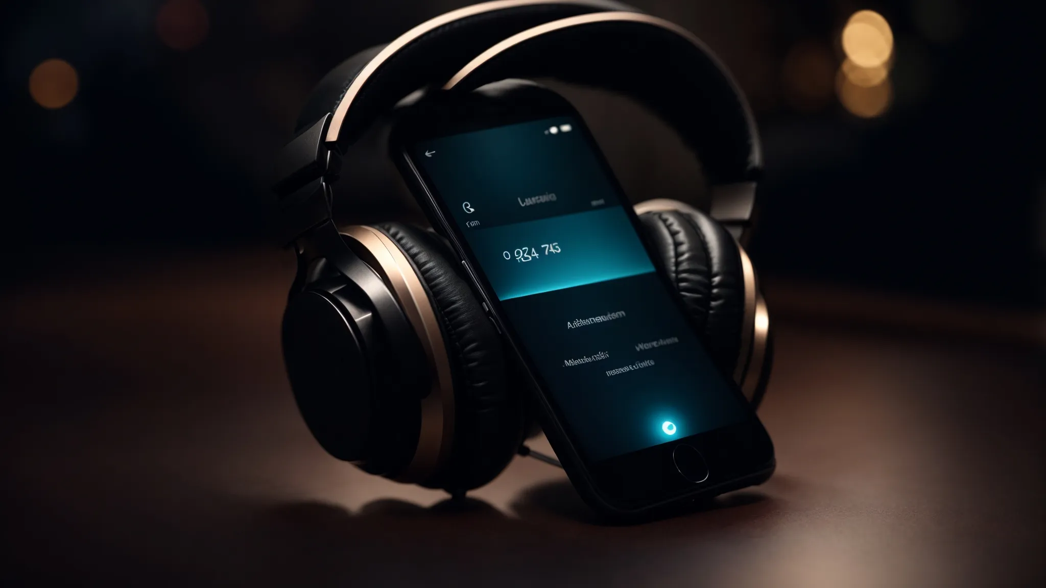a pair of headphones rests on a modern smartphone with a soft glowing screen showcasing a generic music application interface, set against a dark, blurred background.