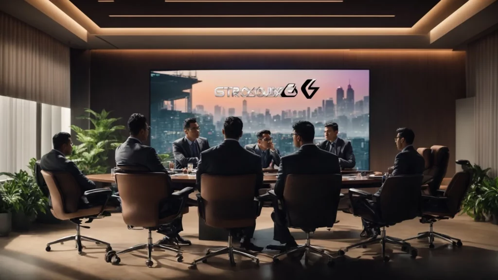 an xbox executive is in a meeting room with a large screen displaying the gta 6 logo, strategizing with the team.