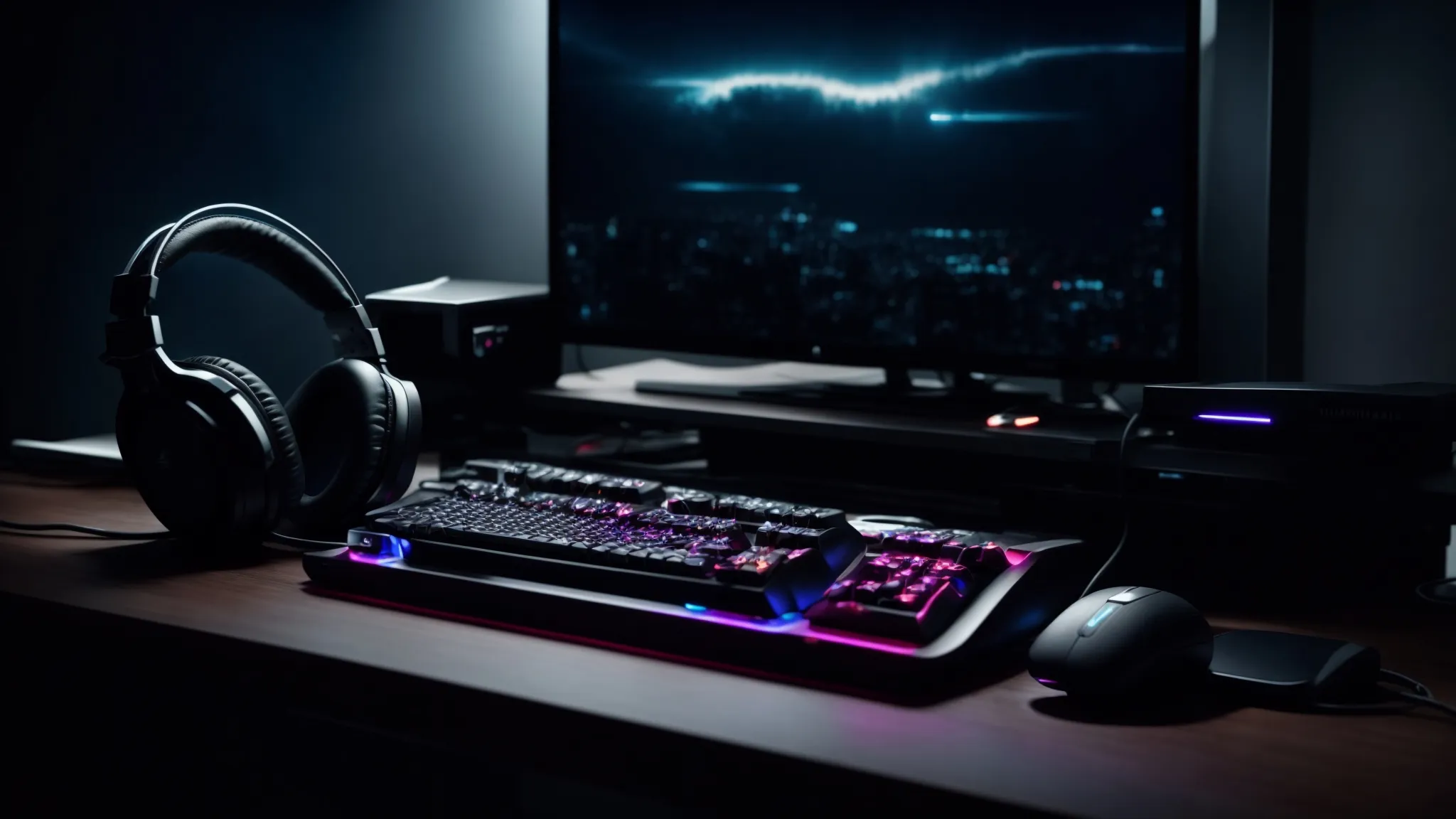 a high-end gaming setup with a glowing keyboard, a sleek mouse, and a pair of high-quality wired headphones resting beside a computer monitor.