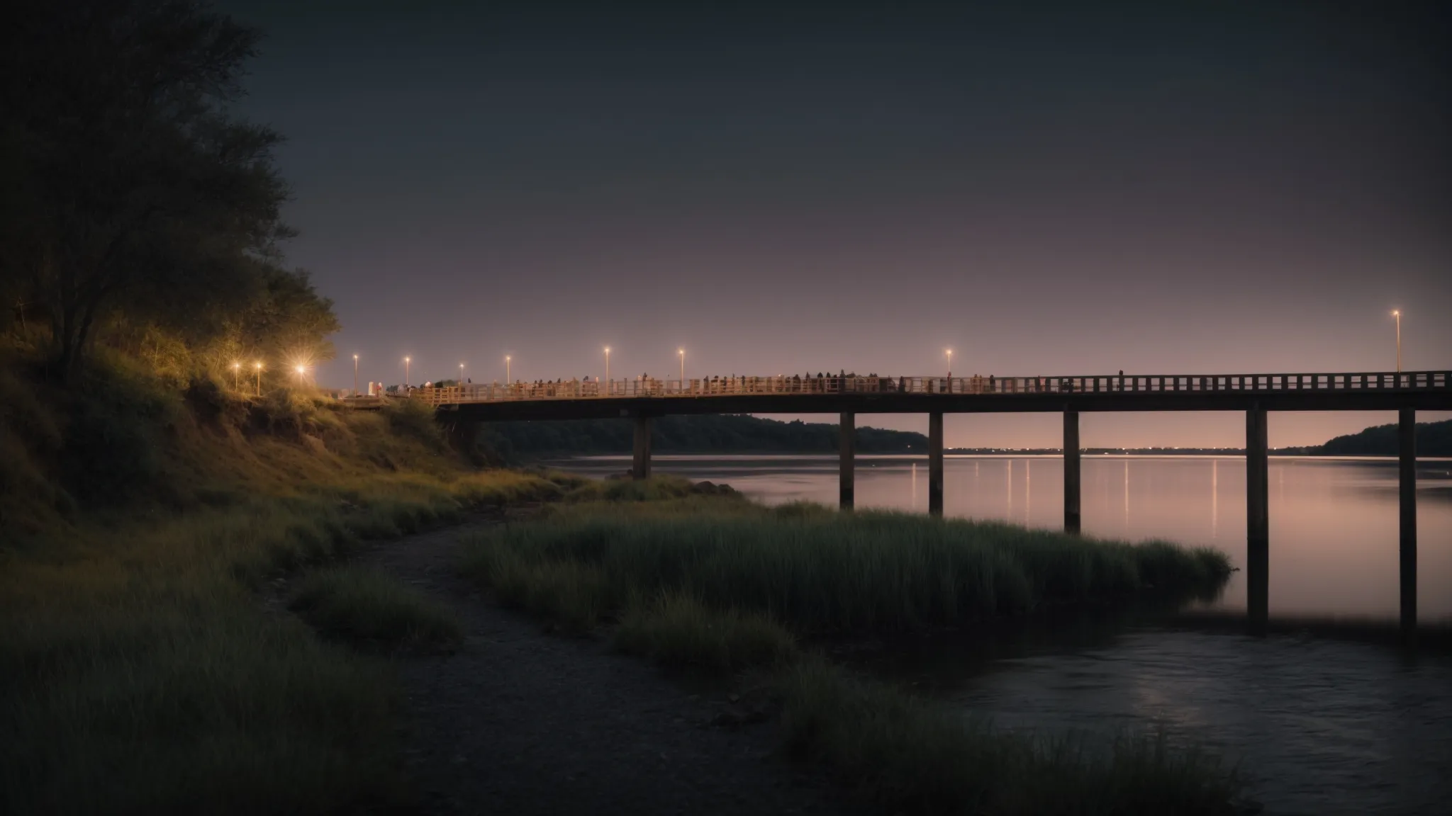 a single illuminated bridge connecting two lands across a calm river at dusk.