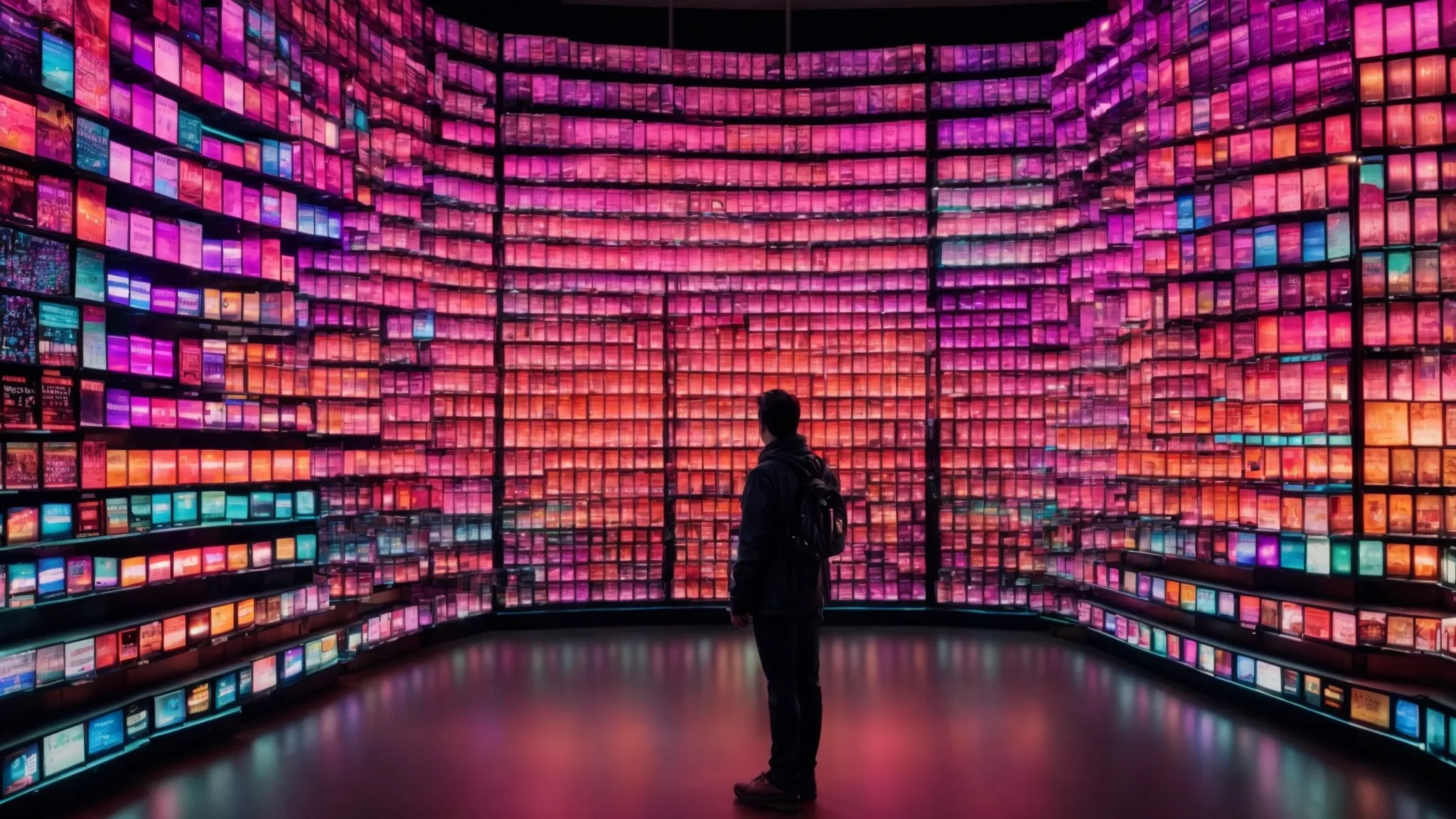 a person stands in awe in front of a vast wall of cell phones, each screen glowing with vibrant colors, showcasing different features.