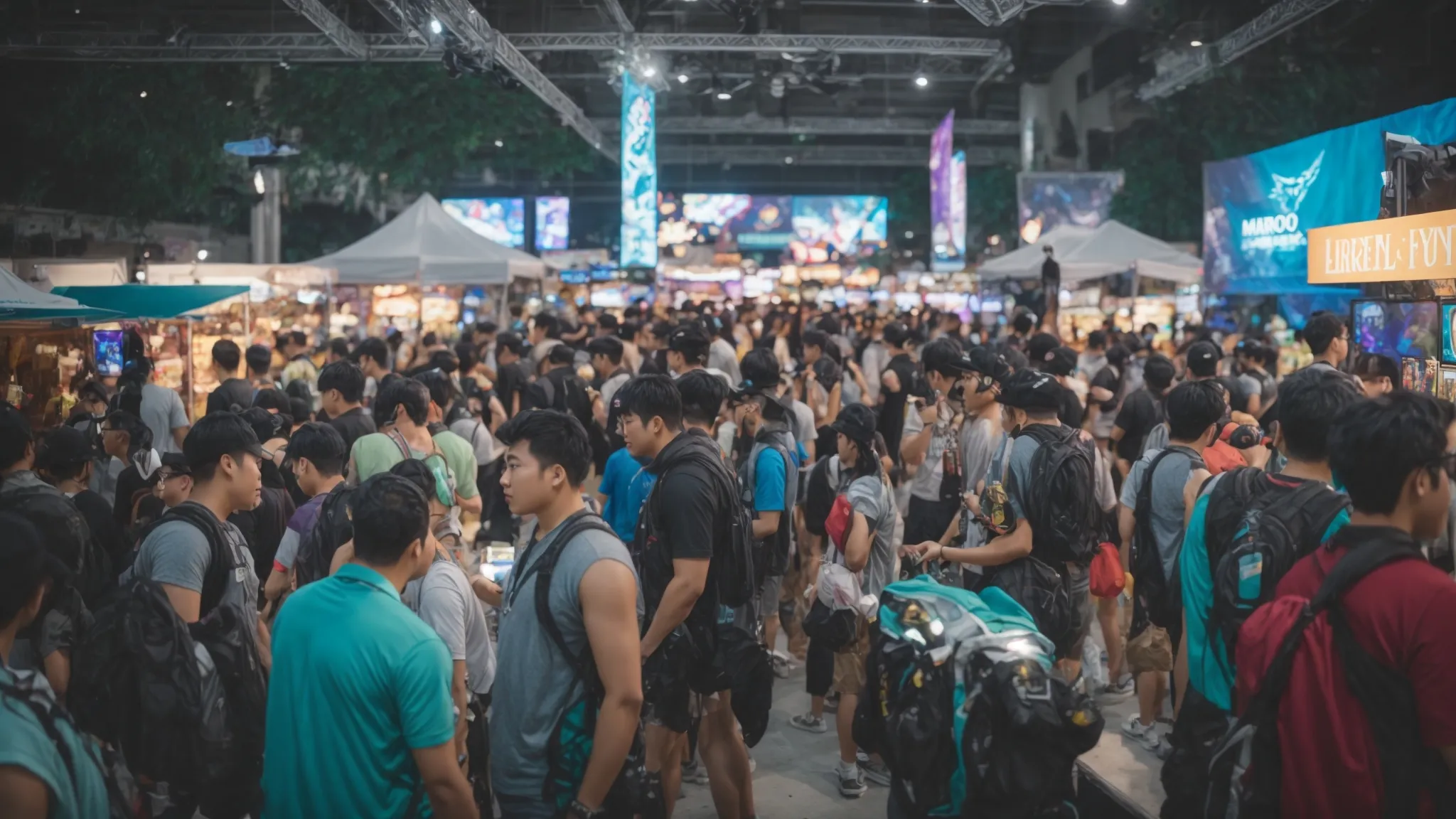 a vibrant marketplace crowded with excited gamers exploring booths showcasing the latest in 