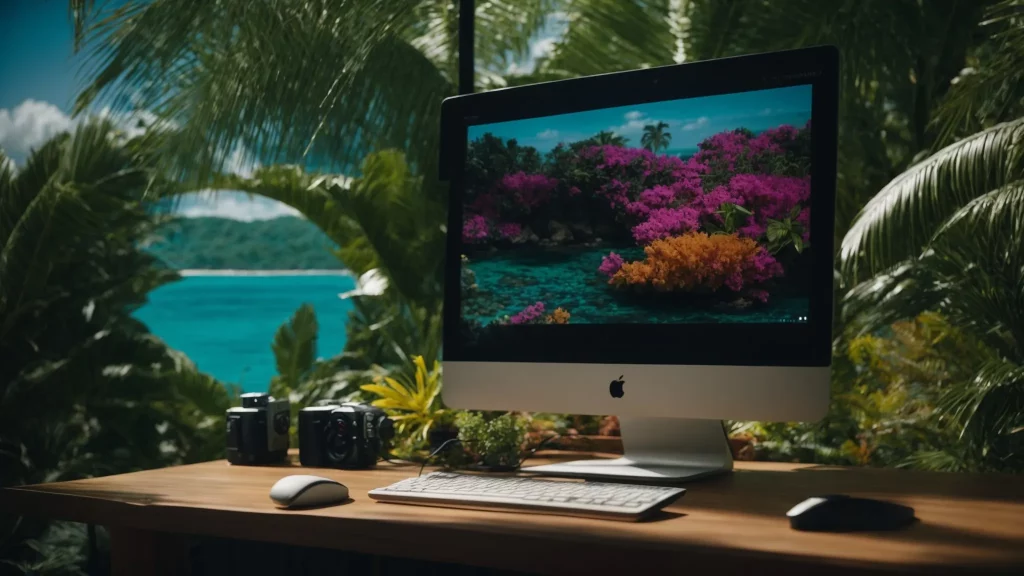 a player stands beside a computer, displaying vibrant, tropical islands on its screen.