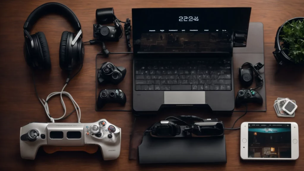 a calendar flipped open to the year 2024 surrounded by various gaming controllers and headsets on a wooden desk.