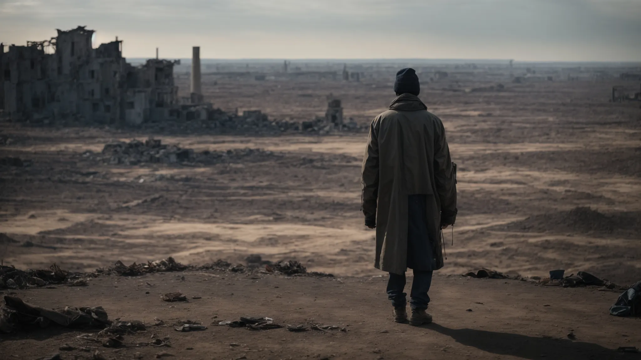 a lone figure in tattered clothing stands before a sprawling, desolate wasteland, with the shadowy ruins of a city on the horizon.