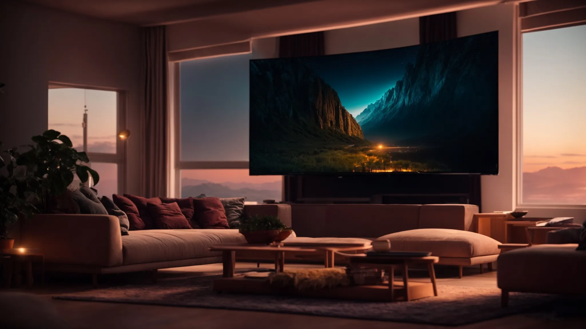 a living room at dusk, bathed in the soft glow of a television screen showcasing an animated fantasy landscape, with an empty couch facing it, hinting at an imminent gaming session.