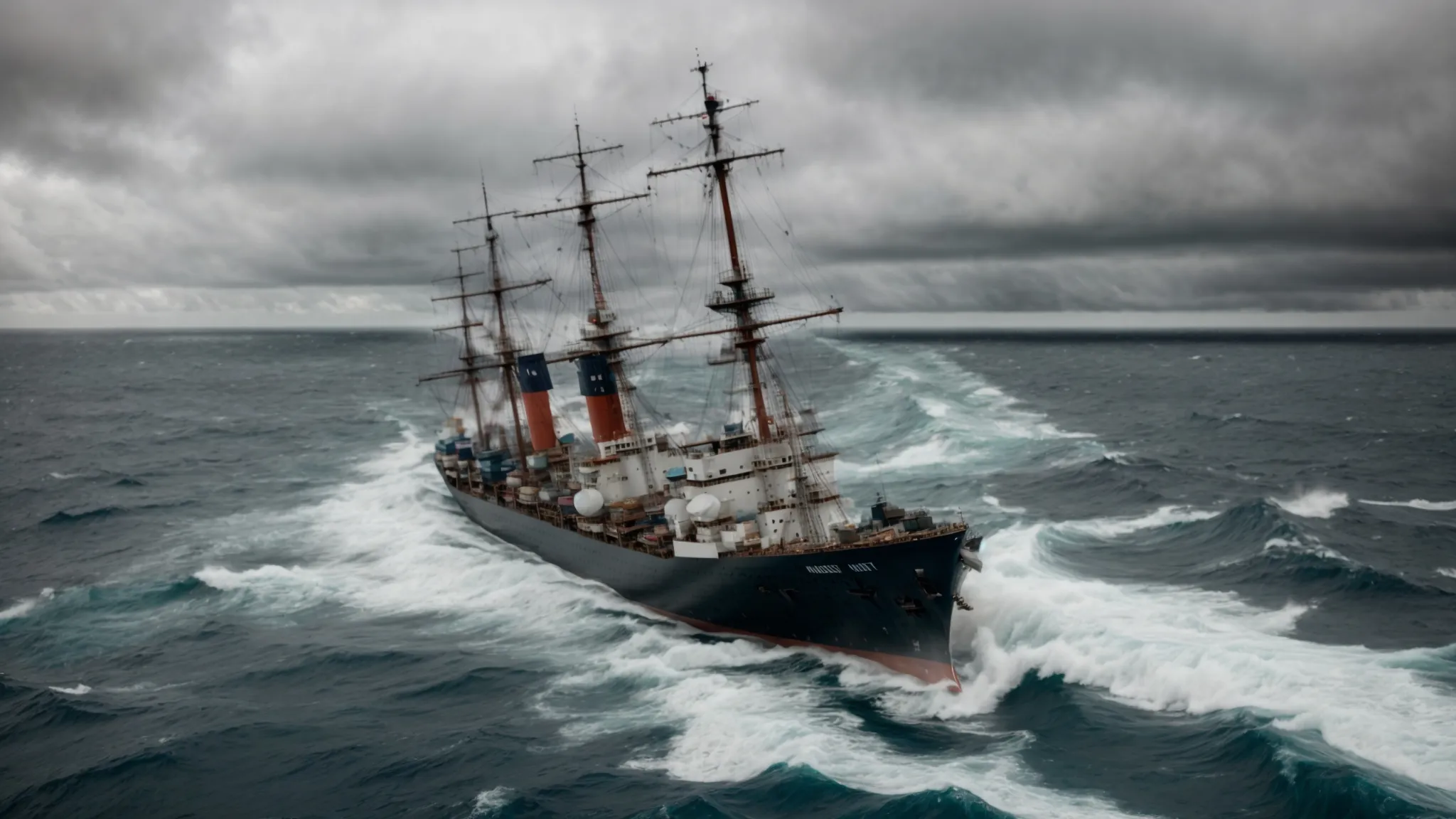 a merchant ship sails through the rough atlantic waters, surrounded by military escorts under a cloudy sky.