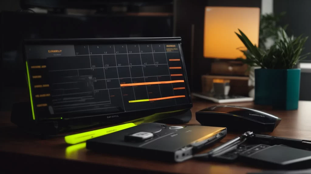 a calendar with highlighter and gaming console resting on a desk.