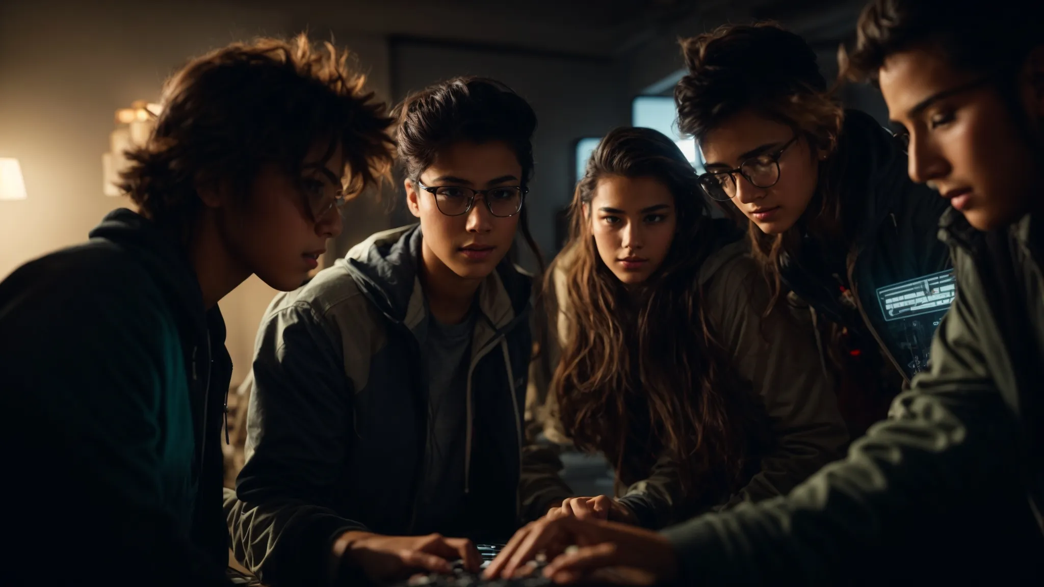 a group of gamers, intensely focused, gather around a glowing computer screen in a dimly lit room, showing excitement as they explore new features in their favorite game.