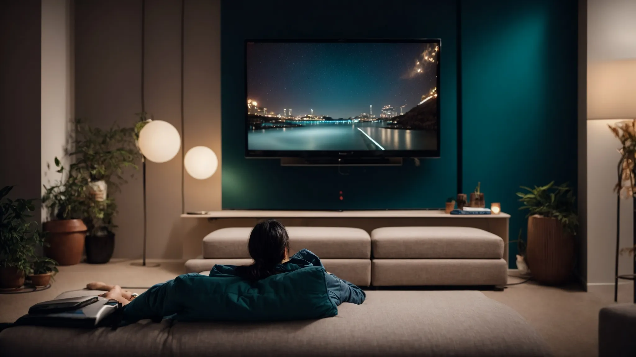a person relaxing on a couch, eagerly gazing at a brightly lit tv screen in a dim room, symbolizing unrestricted access to global content.