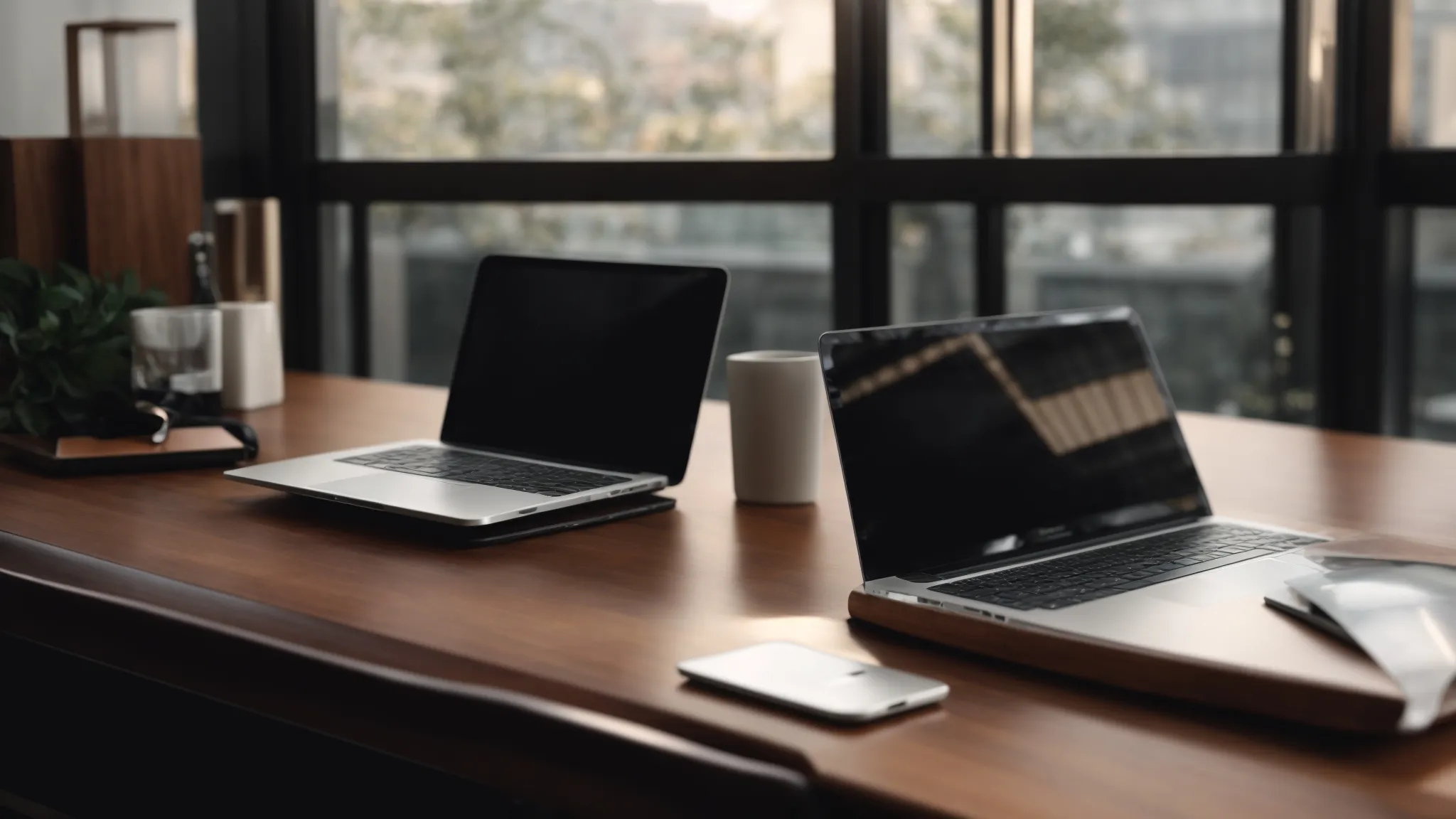 a sleek laptop and a modern smartphone rest on a clean, wooden desk under soft, natural light.