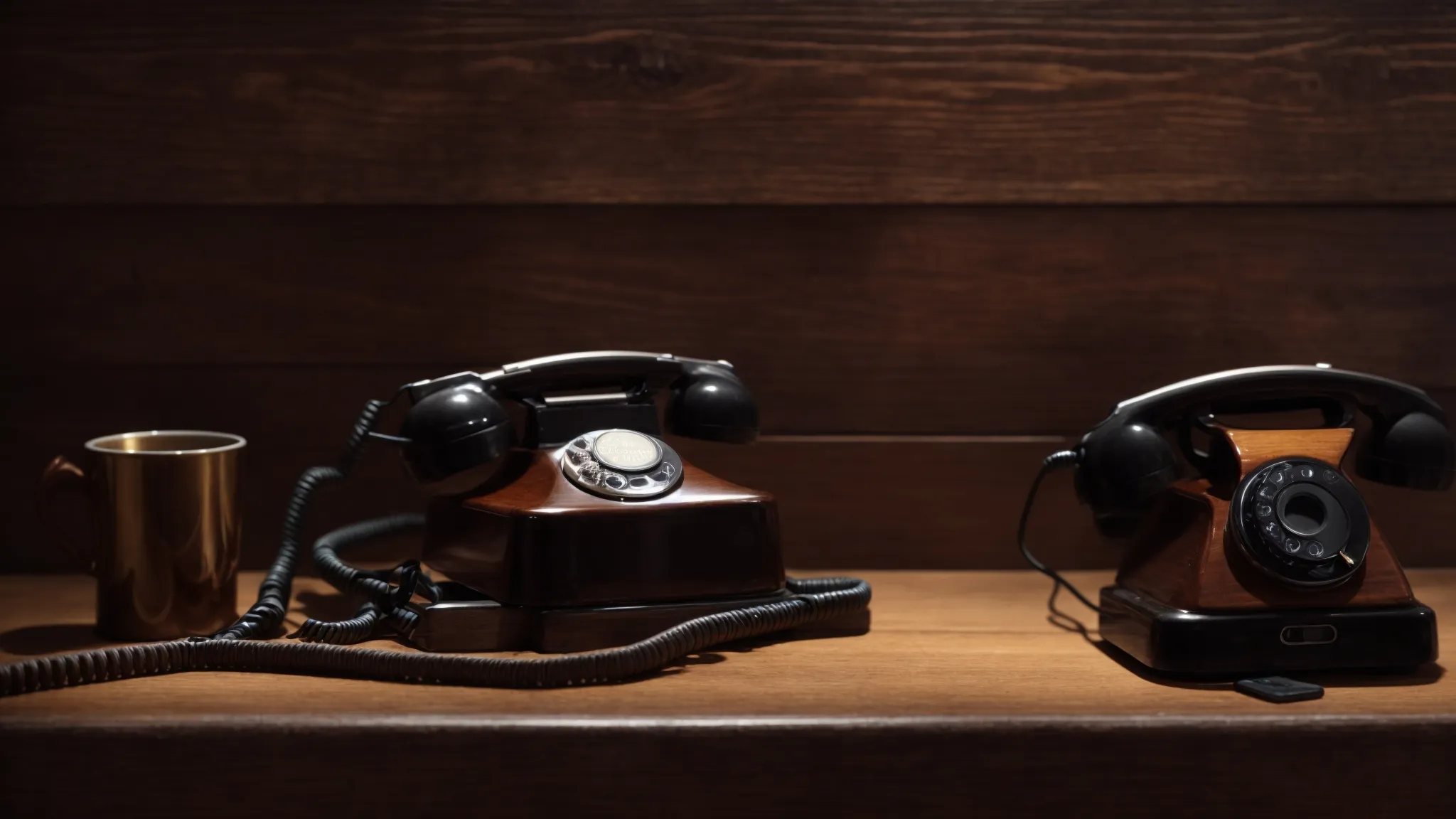 a disconnected vintage phone rests beside a modern smartphone on a wooden table, illustrating the evolution of communication technology.