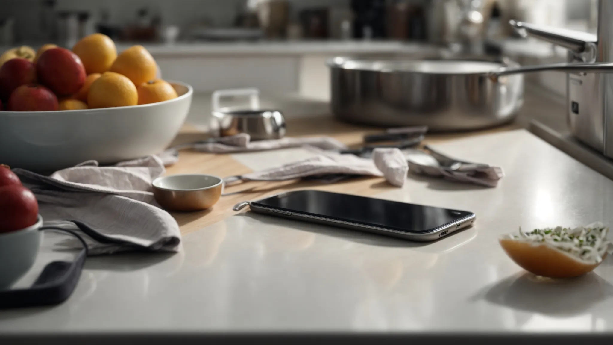 a smartphone lies untouched on a cluttered kitchen counter as it rings briefly and then falls silent.