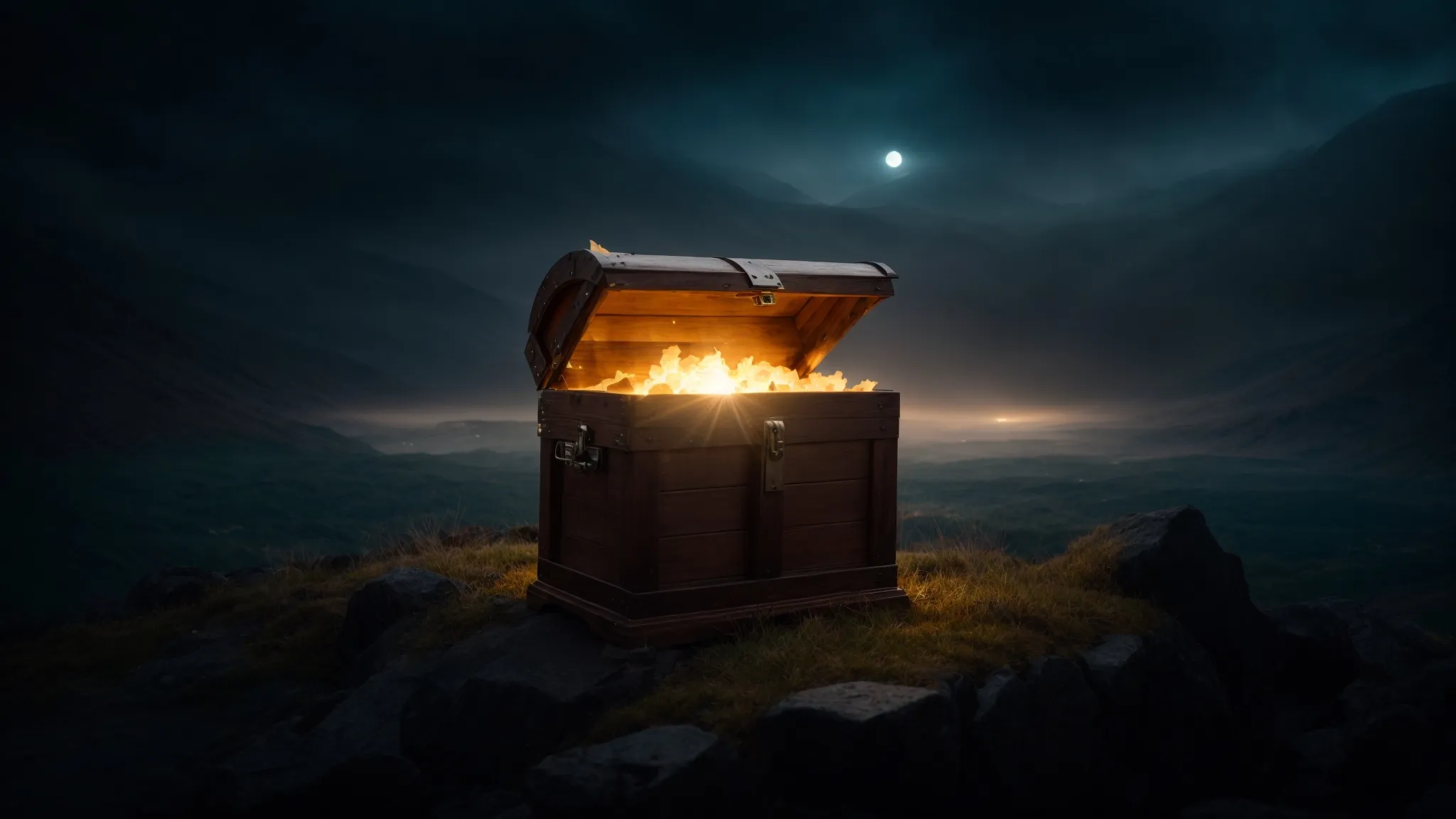 a glowing treasure chest opens amidst the dark, ethereal landscape of a digital world, revealing unseen rewards.