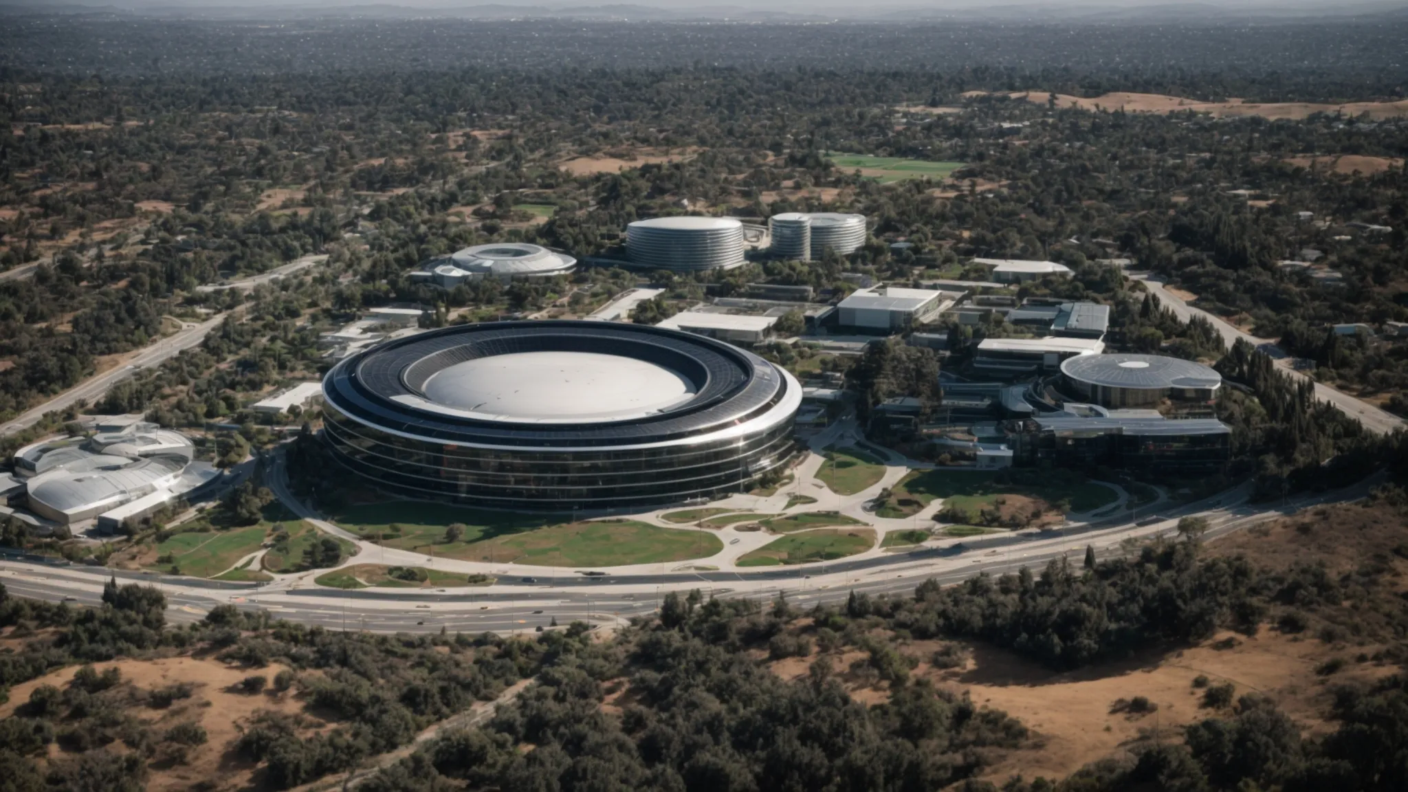 silicon valley landscape with apple's futuristic headquarters dominating cupertino's skyline.