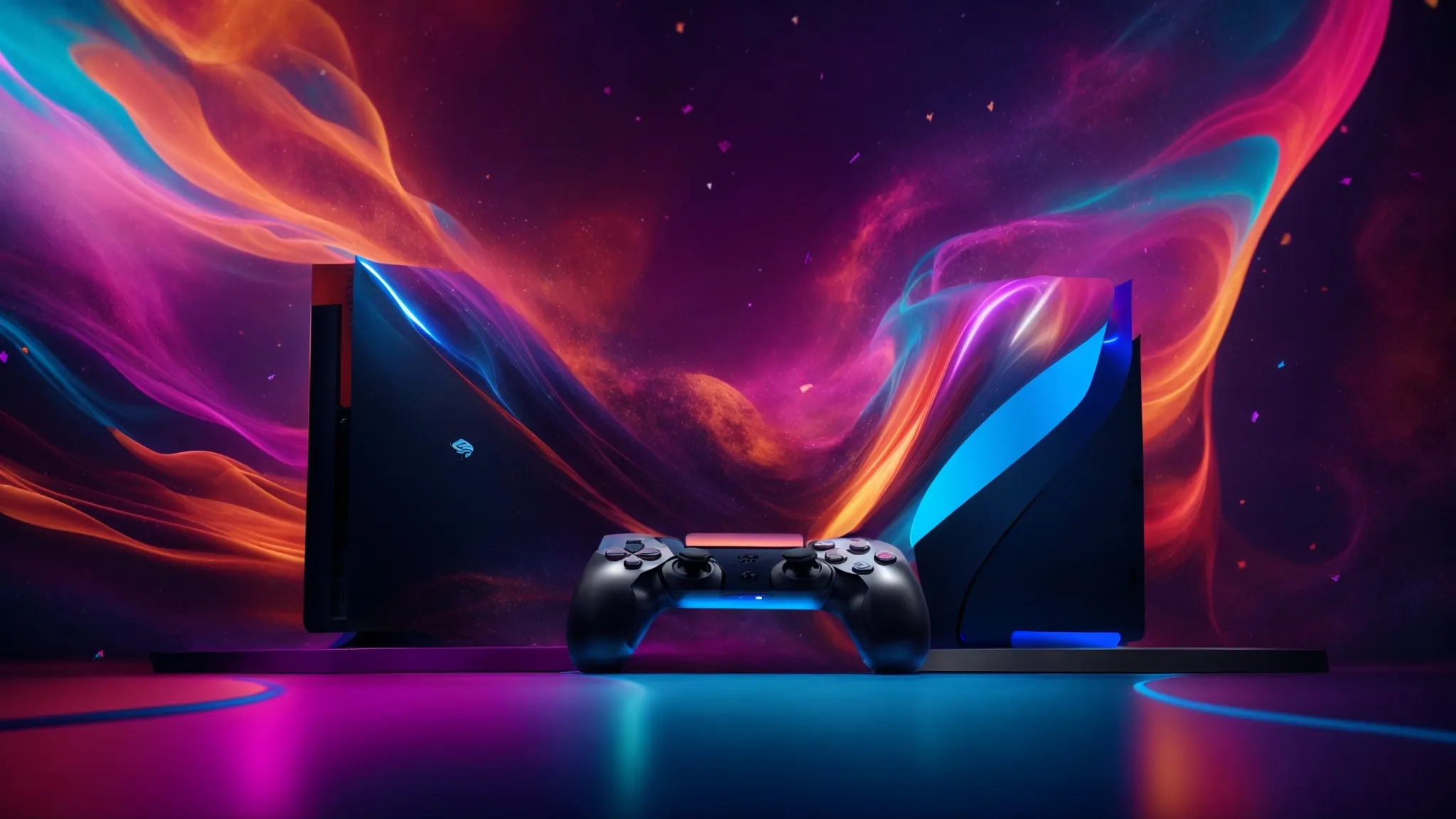 a sleek ps5 and ps4 set against a backdrop of vivid, swirling colors representing the magical worlds of upcoming games.