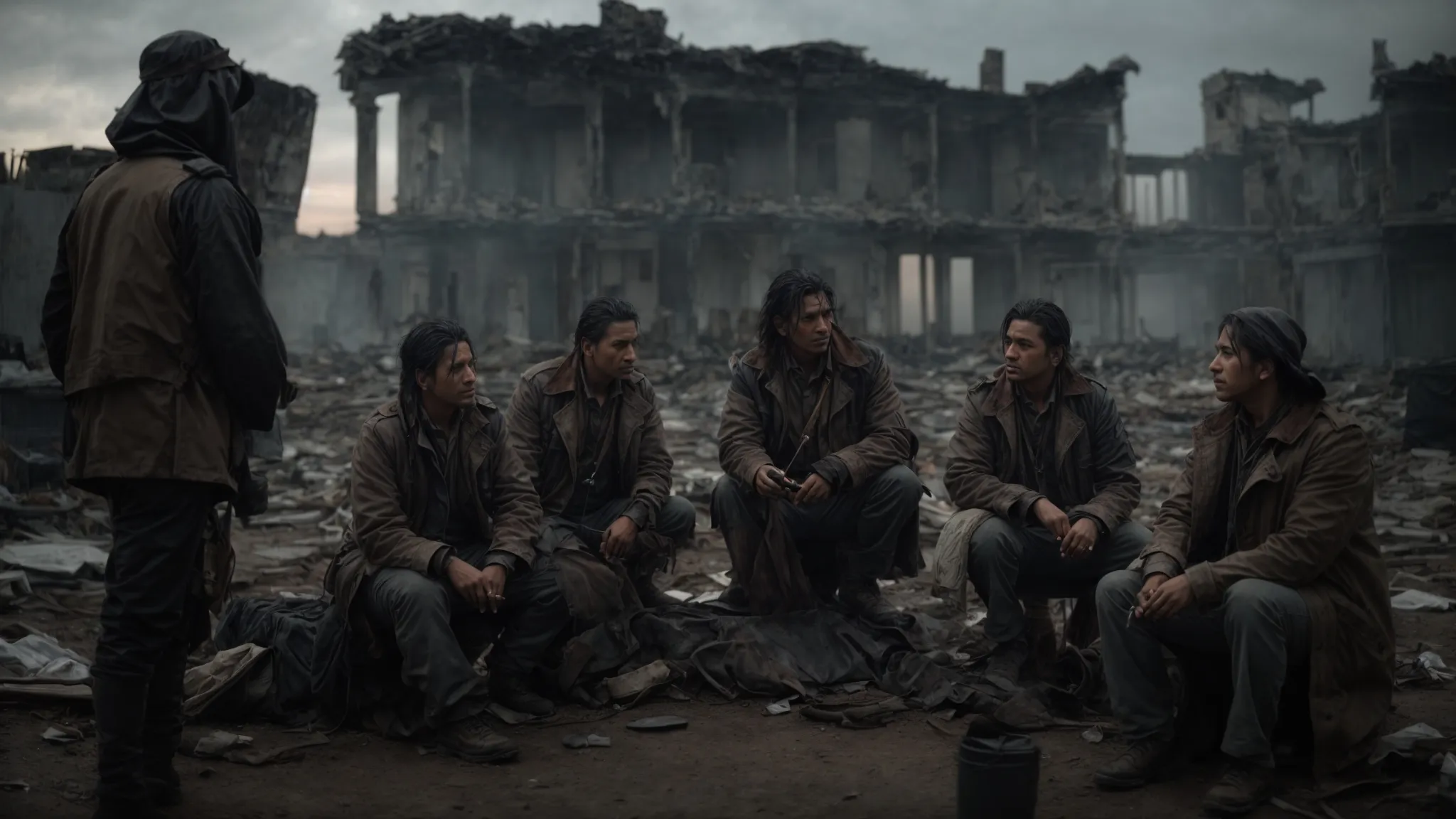a group of actors in costume and makeup have a discussion on a post-apocalyptic set dotted with ruined buildings under a dusky sky.