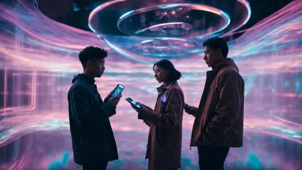 two people marvel at a futuristic display of swirling, holographic cell phones suspended in mid-air.