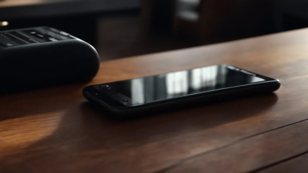 a smartphone lies on a wooden table, illuminating with an incoming call on its screen.