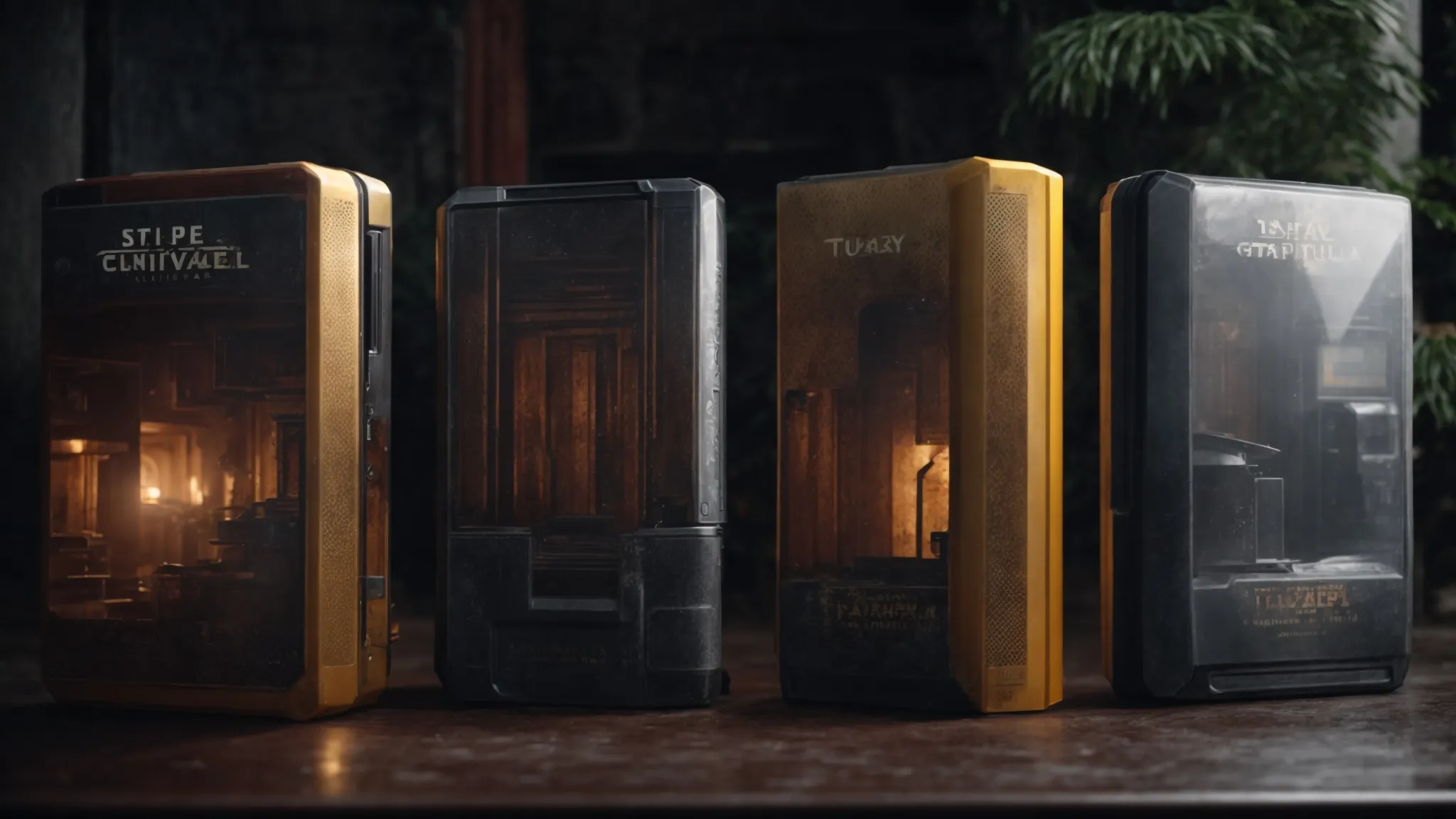 four distinct video game cases are lined up, each illustrating their unique worlds: a foggy, abandoned street, an ancient temple filled with traps, a brightly-lit fighting arena, and a shadowy, urban alley.