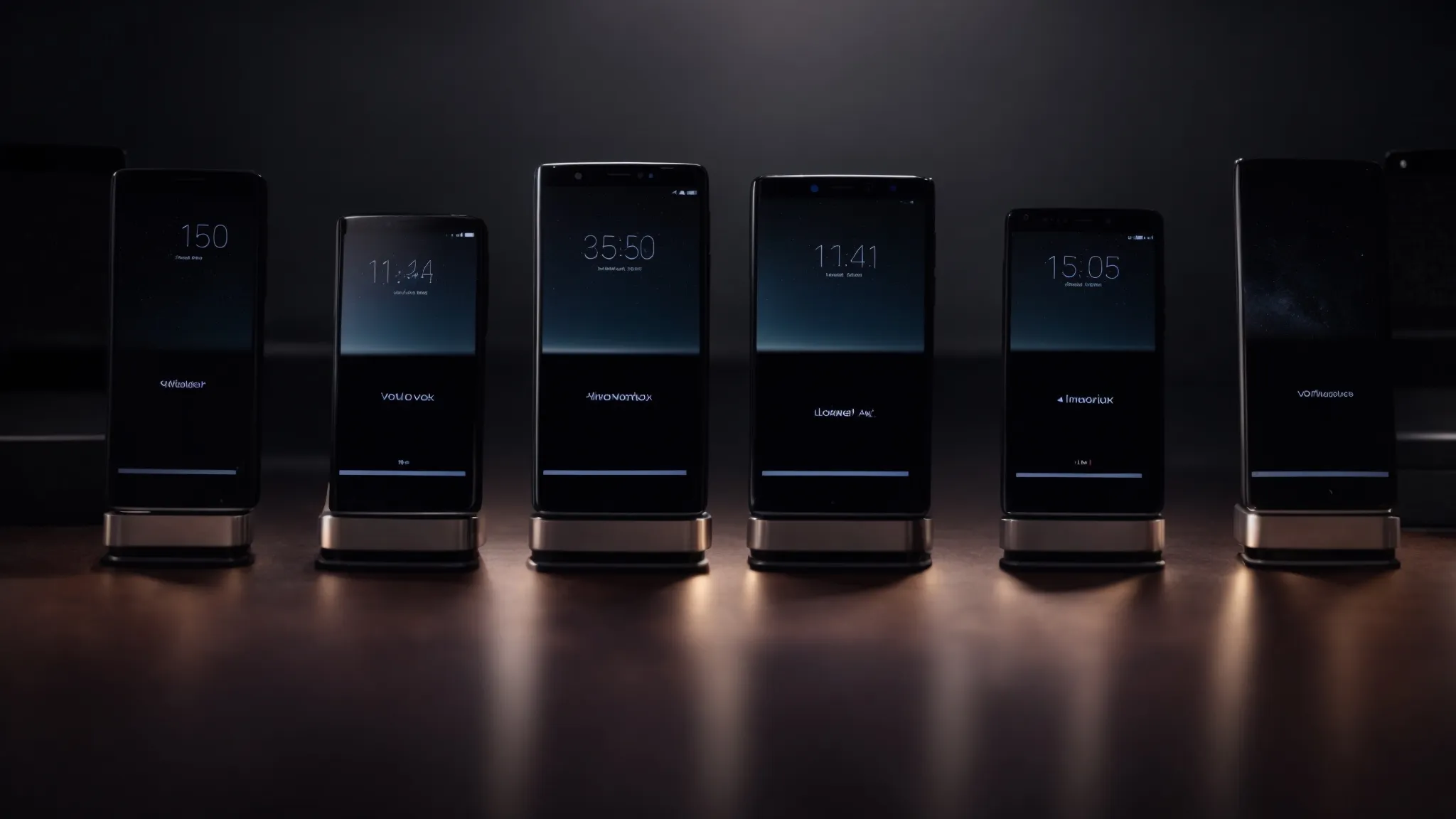 a row of sleek, black vortex smartphones arranged neatly on a reflective surface, each glowing subtly with the welcome screen.