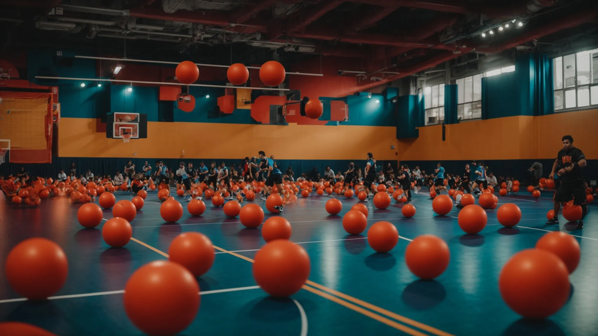 a vibrant virtual dodgeball arena filled with enthusiastic avatars ready for an intense match.