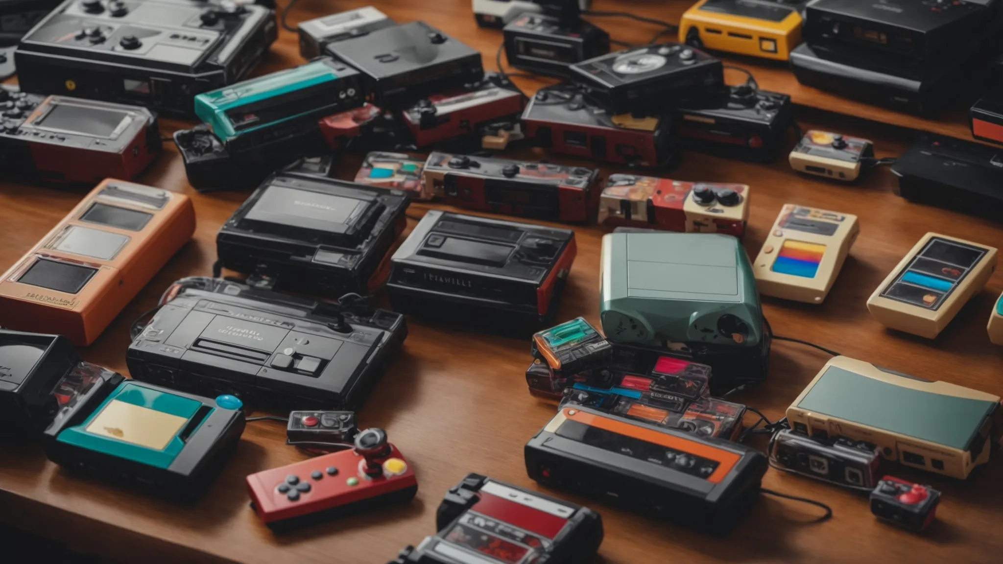 a colorful collection of various retro gaming consoles and cartridges spread across a wooden table.