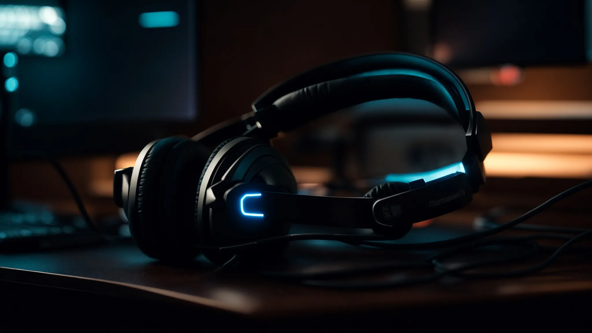 a gaming headset rests on a dark, sleek desk, illuminated by the soft glow of a computer monitor in a dimly lit room.