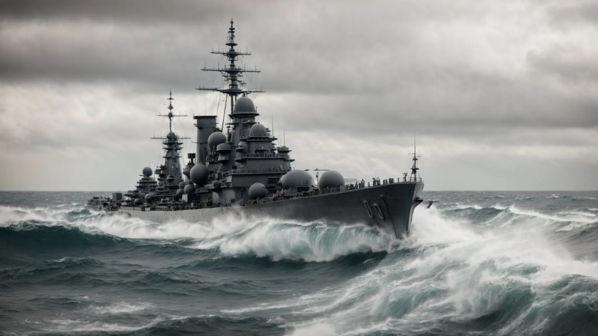 a vintage naval battleship braves turbulent ocean waves under a cloudy sky.