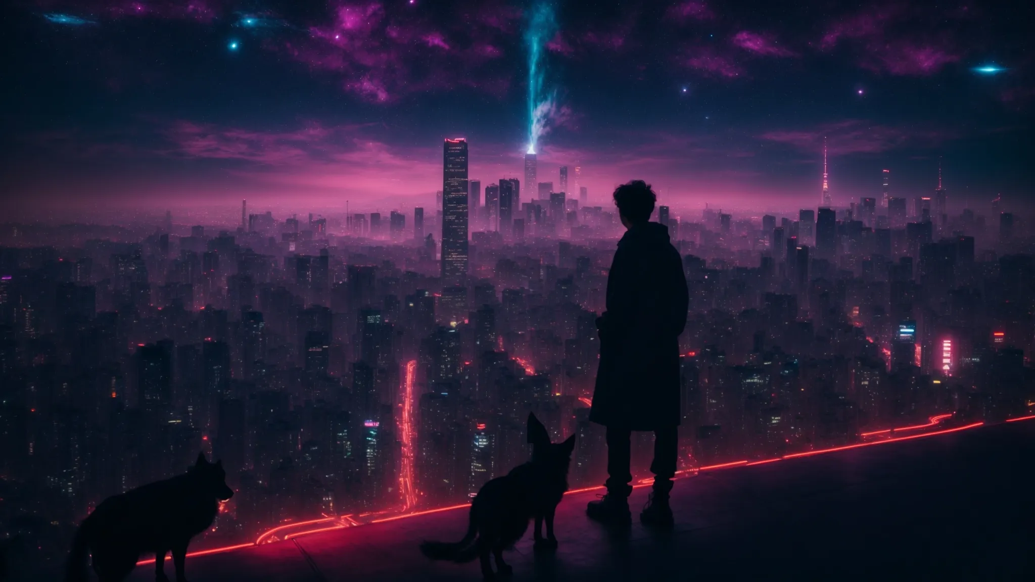 a skyline view of neon-lit tokyo with silhouettes of fantasy creatures and distant planets merging at the horizon.