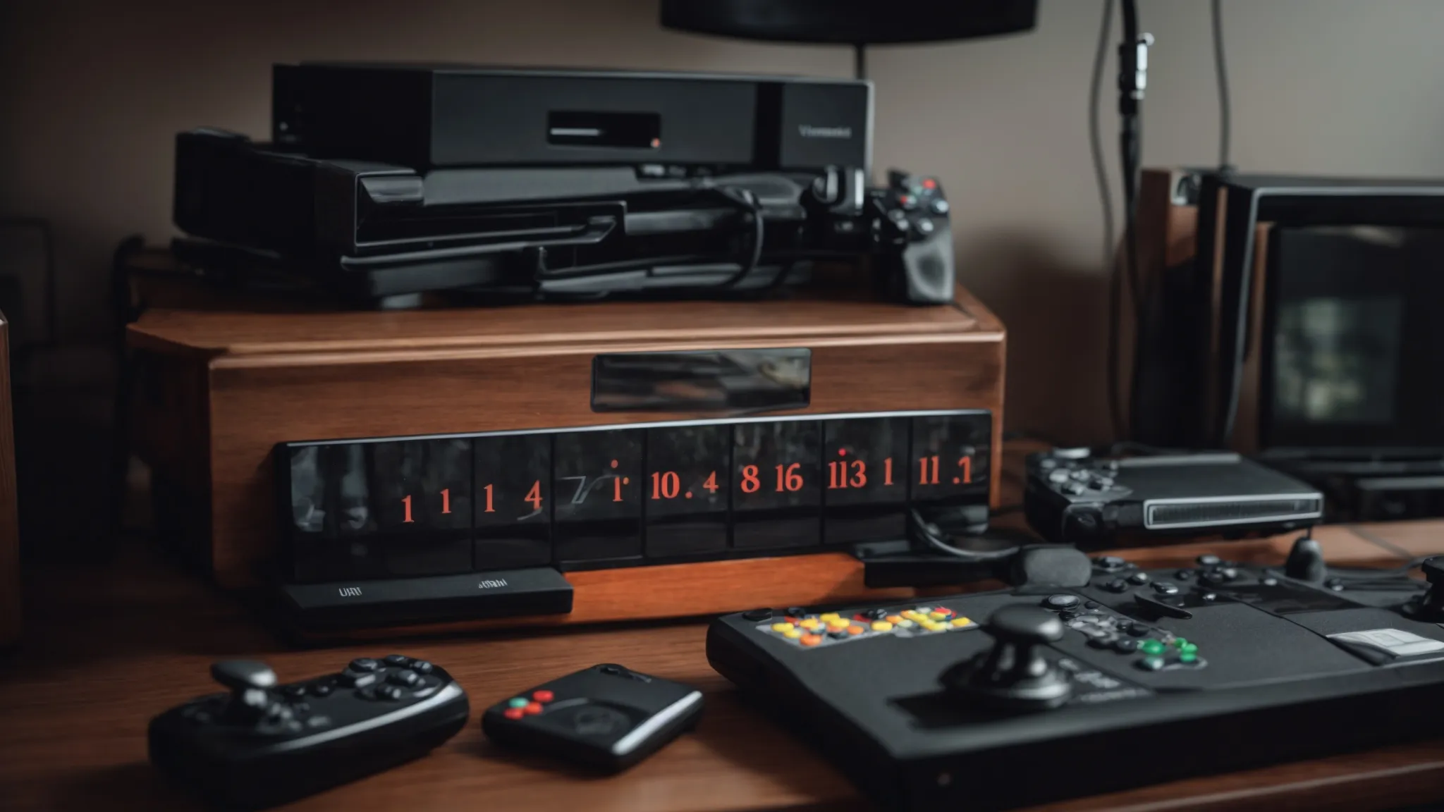 a calendar with the month of june visibly highlighted on a gaming console setup, surrounded by anticipation-filled game boxes and controllers.