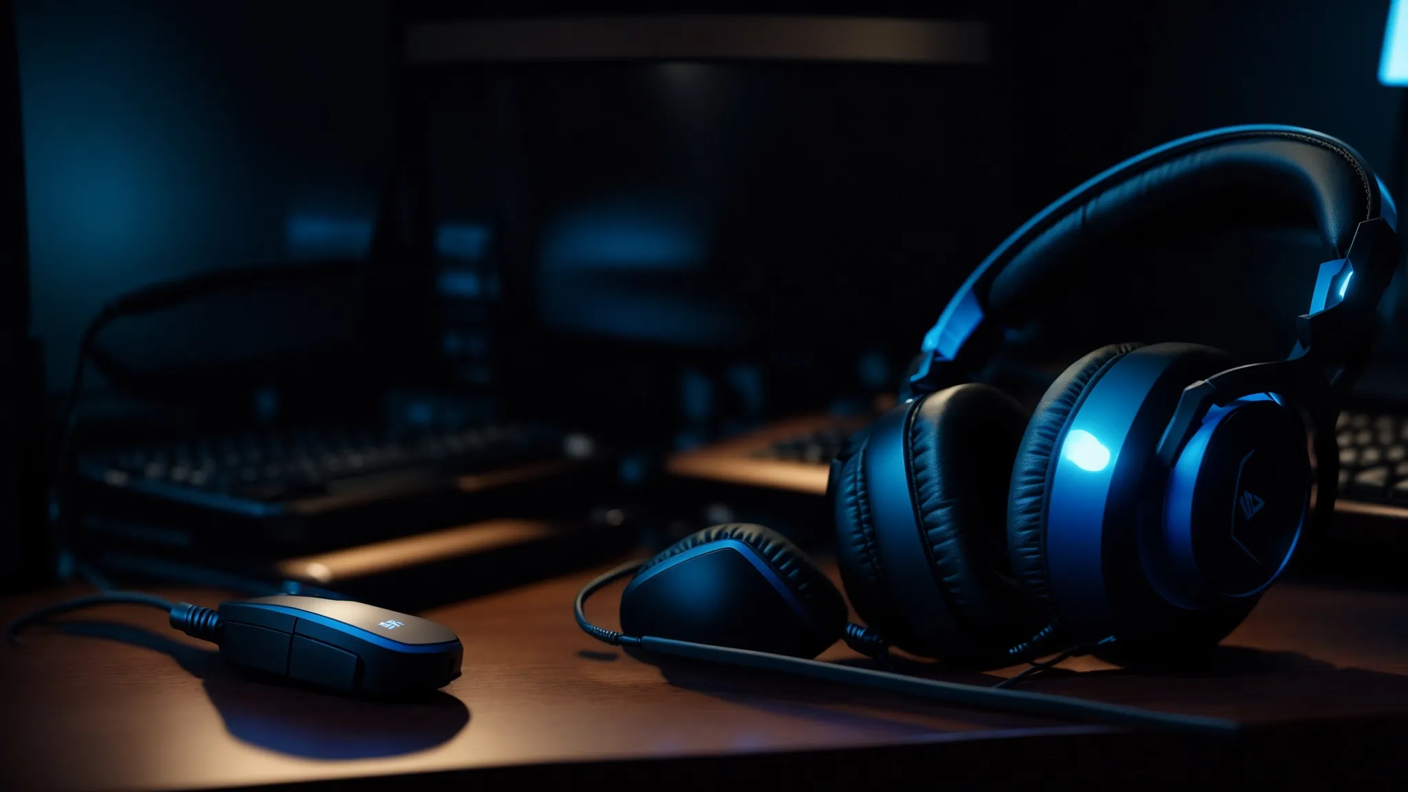 a sleek, black gaming headset rests on a dark, wooden desk beside a glowing computer and gaming keyboard, bathed in soft, blue light.