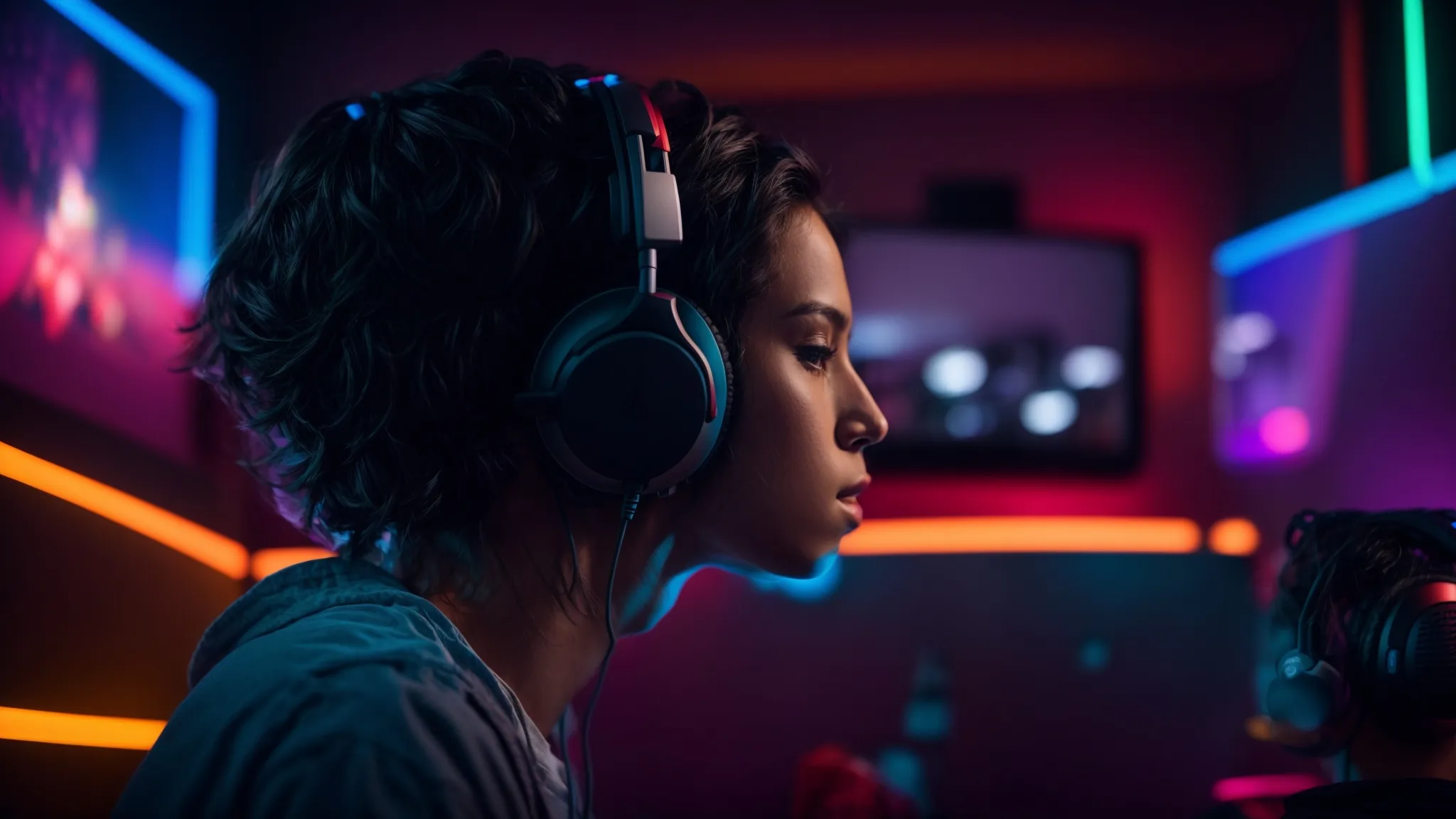 a streamer sits in a room lit by colorful led lights, wearing the audio-technica ath-m50x sts headset and focusing intently on a vibrant game scene on the monitor ahead.