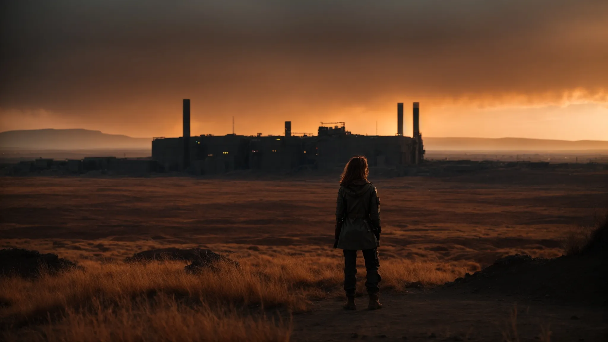 a silhouette of ella purnell's character stands at the edge of a desolate wasteland, gazing towards a distant, looming structure of the brotherhood of steel under an orange, post-apocalyptic sky.