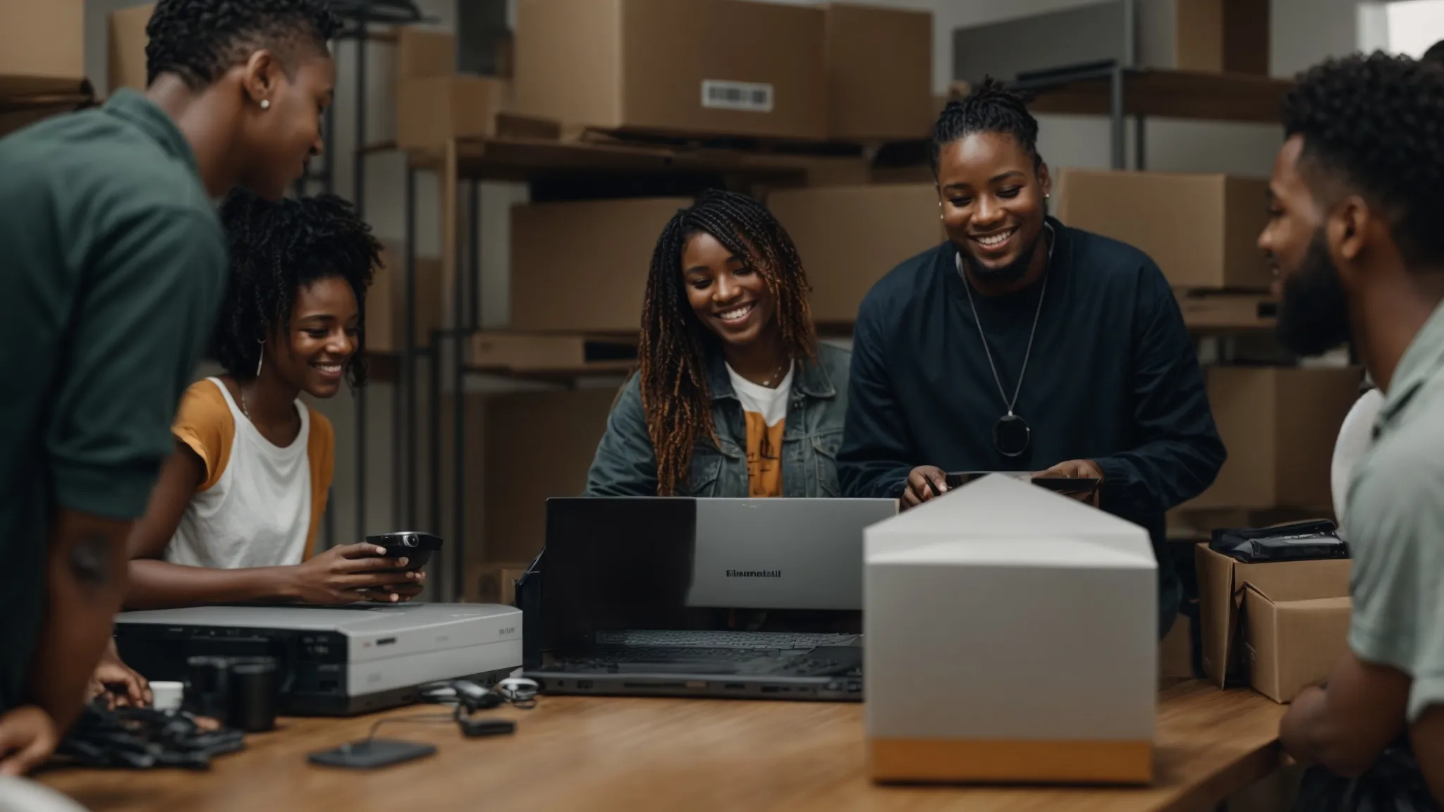 a group of diverse individuals gathers around a table, smiling as they unbox new computers.