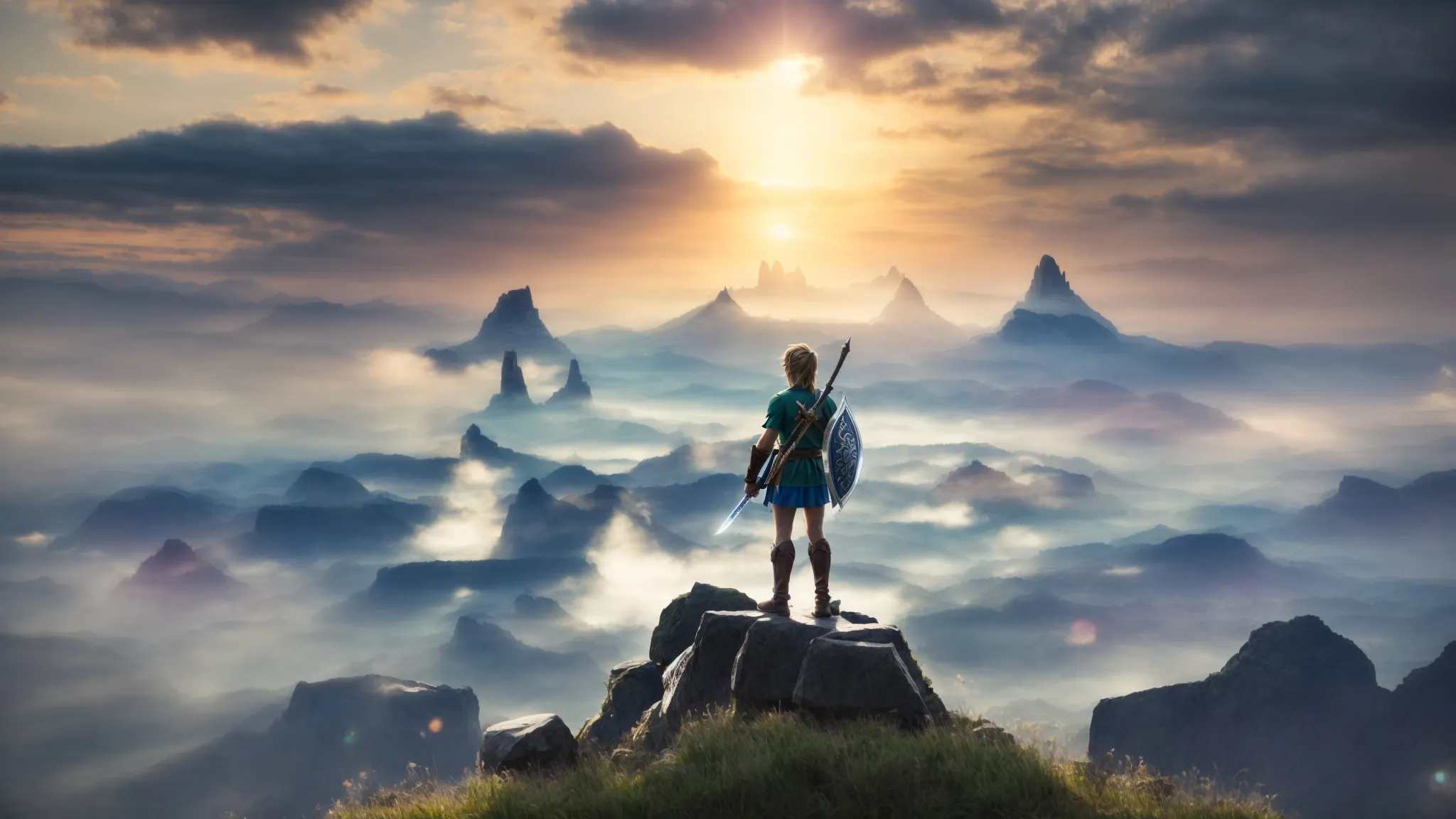 link stands on a vast, shimmering plain at dawn, the iconic master sword by his side, looking towards a distant, mysterious castle enveloped in light and shadow.