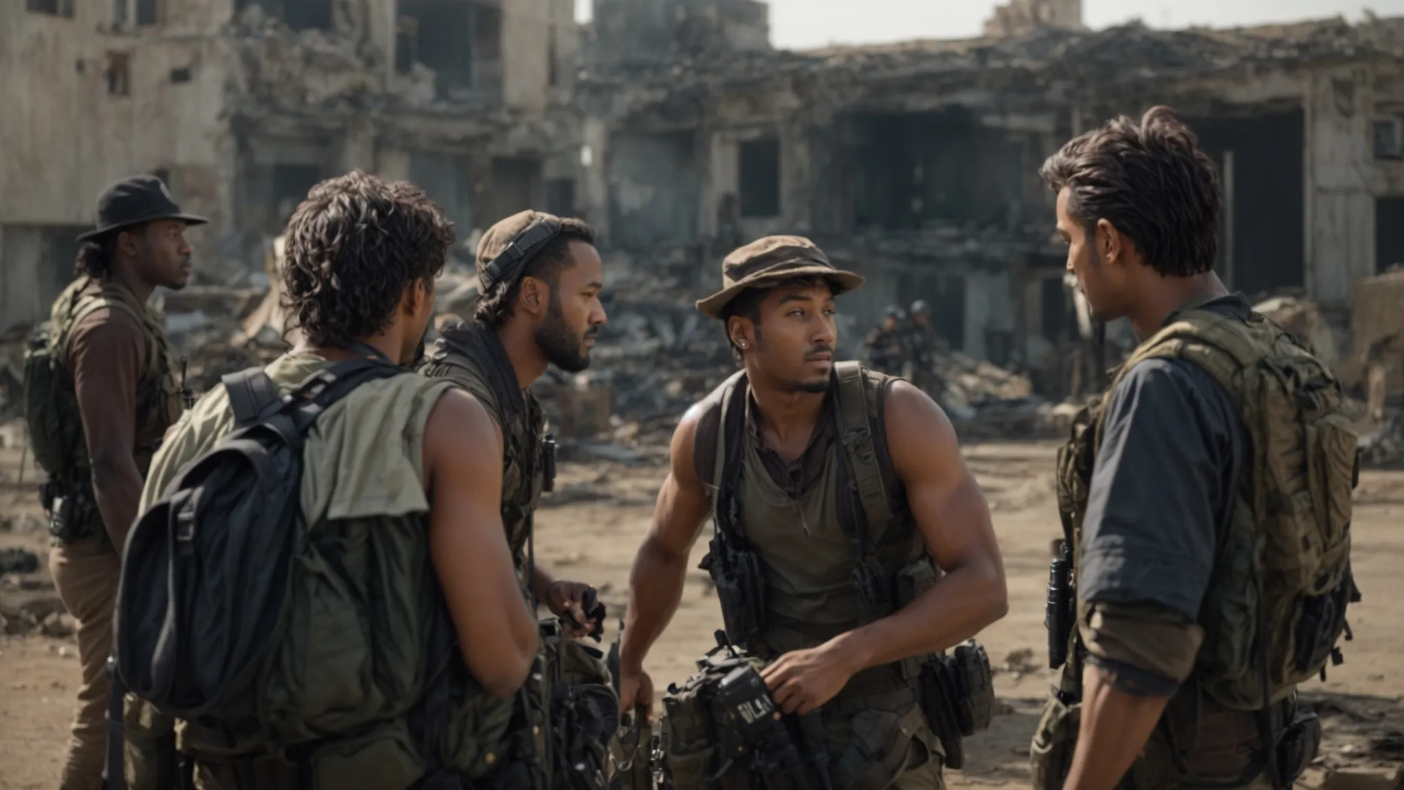 a group of actors engaging in a lively discussion on a post-apocalyptic set, with ruined buildings in the background.