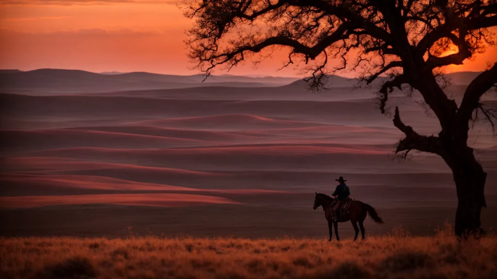 a crimson sunset silhouettes a lone cowboy on horseback, overlooking a sprawling, untouched western landscape.