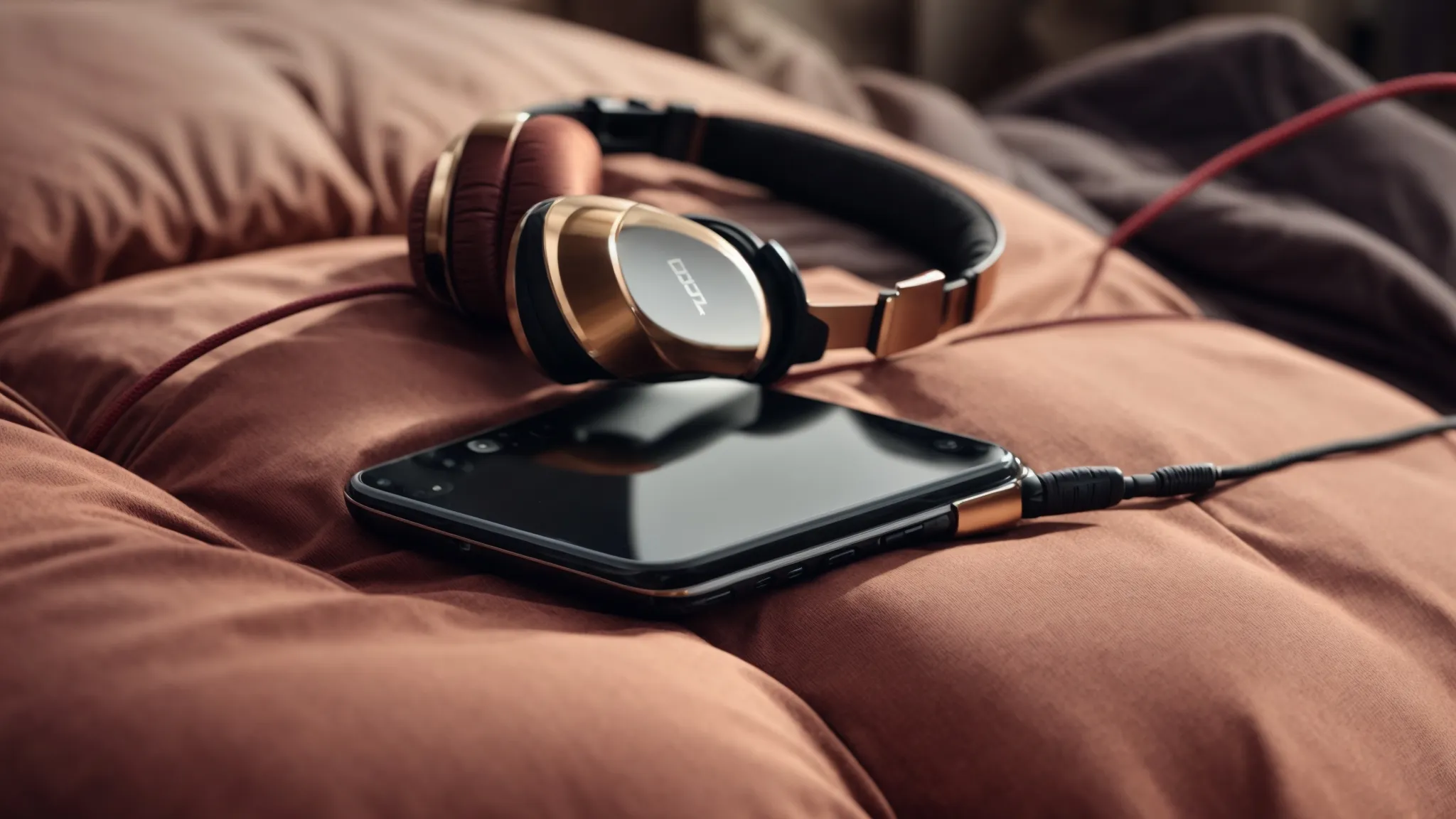 a sleek smartphone lies atop a cushion of vibrant, high-quality headphones, symbolizing the pinnacle of music streaming service excellence.