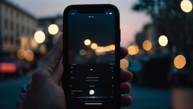 a person taps the screen of their iphone, adjusting settings under the glare of streetlights at dusk.