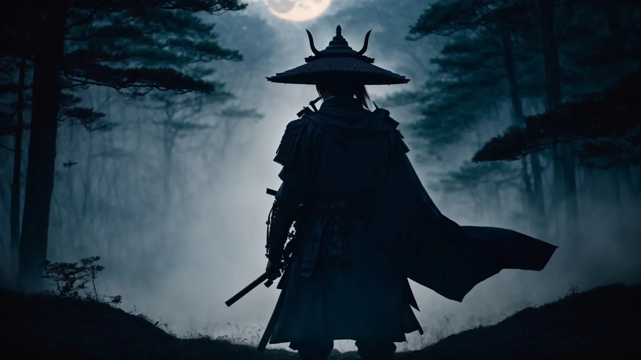 a samurai stands poised in the misty forests of tsushima, facing a hauntingly beautiful vampire silhouette under a gothic moonlit sky.